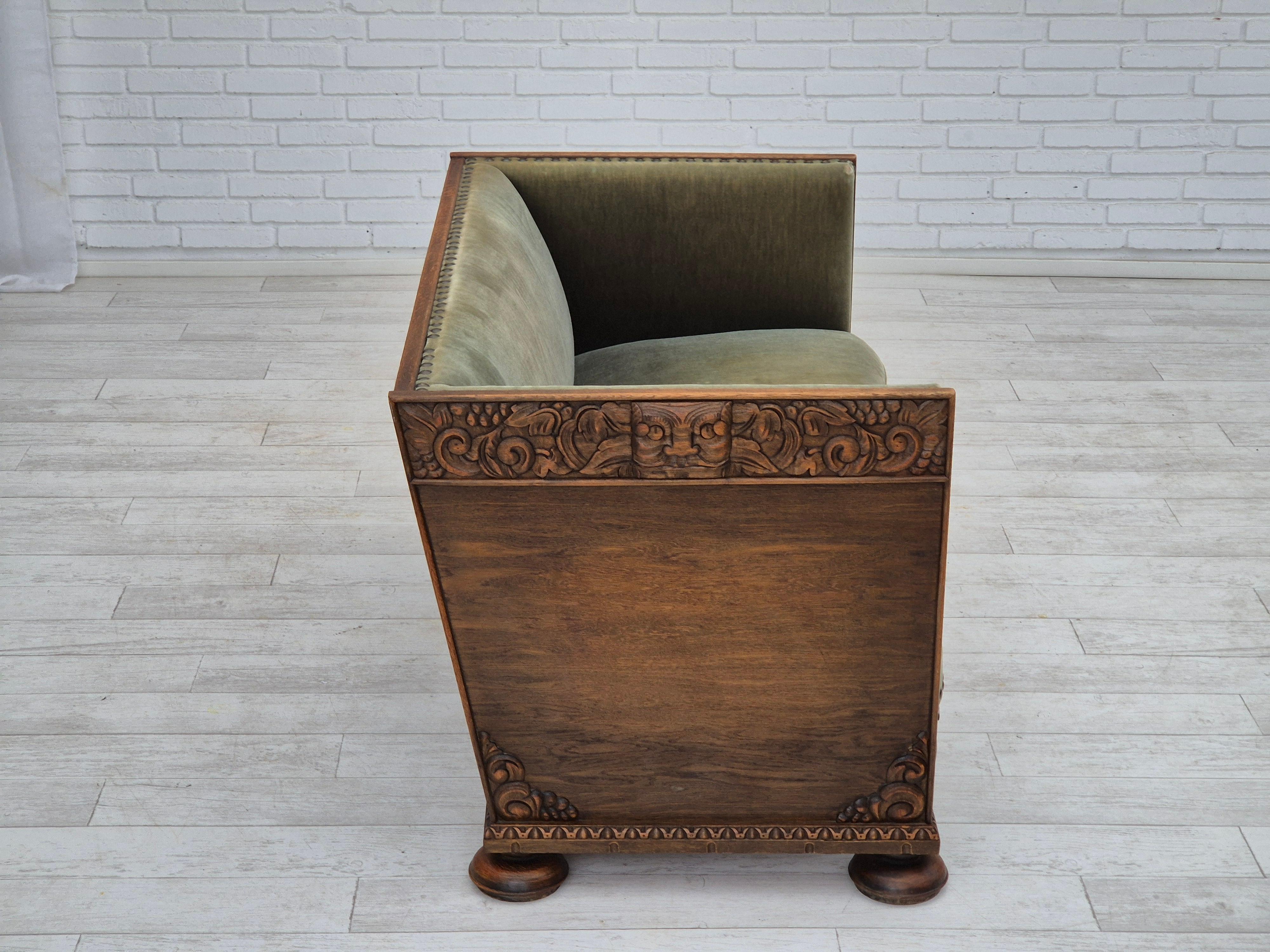 1950s, Danish 2 seater sofa, original condition, furniture velour, oak wood. In Good Condition For Sale In Tarm, 82