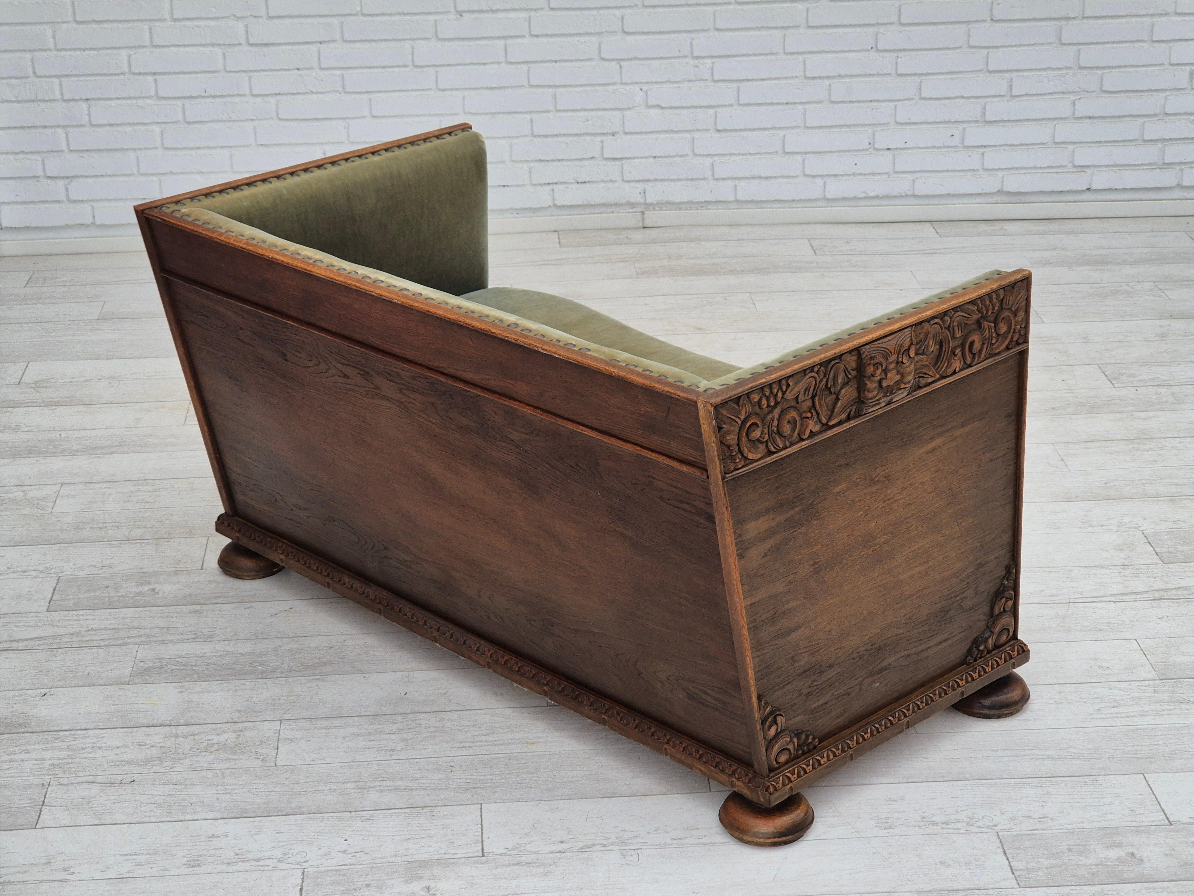 Velvet 1950s, Danish 2 seater sofa, original condition, furniture velour, oak wood. For Sale
