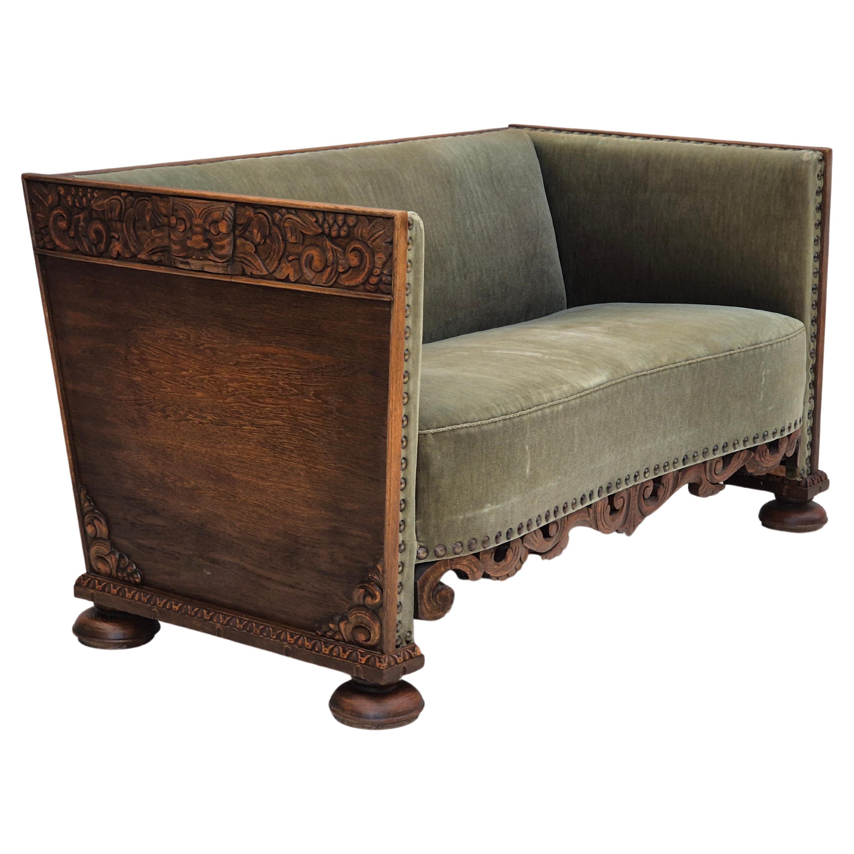 1950s, Danish 2 seater sofa, original condition, furniture velour, oak wood. For Sale