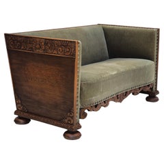 Retro 1950s, Danish 2 seater sofa, original condition, furniture velour, oak wood.