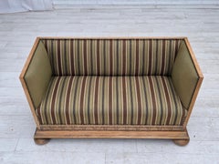 1950s, Danish 2-seater sofa, original striped green furniture wool, oak wood.