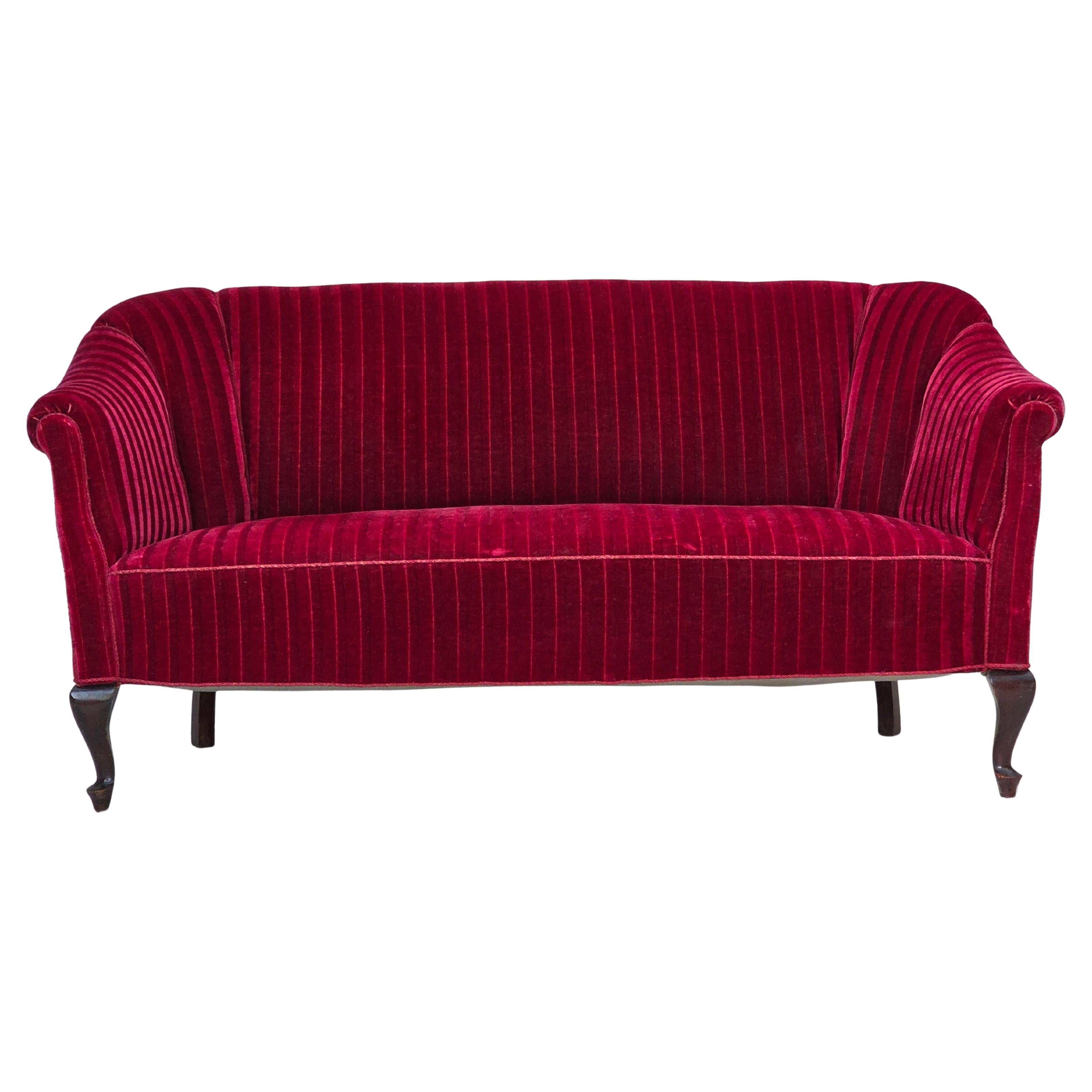 1950s, Danish 2-seater sofa, red furniture velour, ash wood legs.