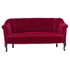 Vintage 1950s, Danish 2-seater sofa, red furniture velour, ash wood legs.