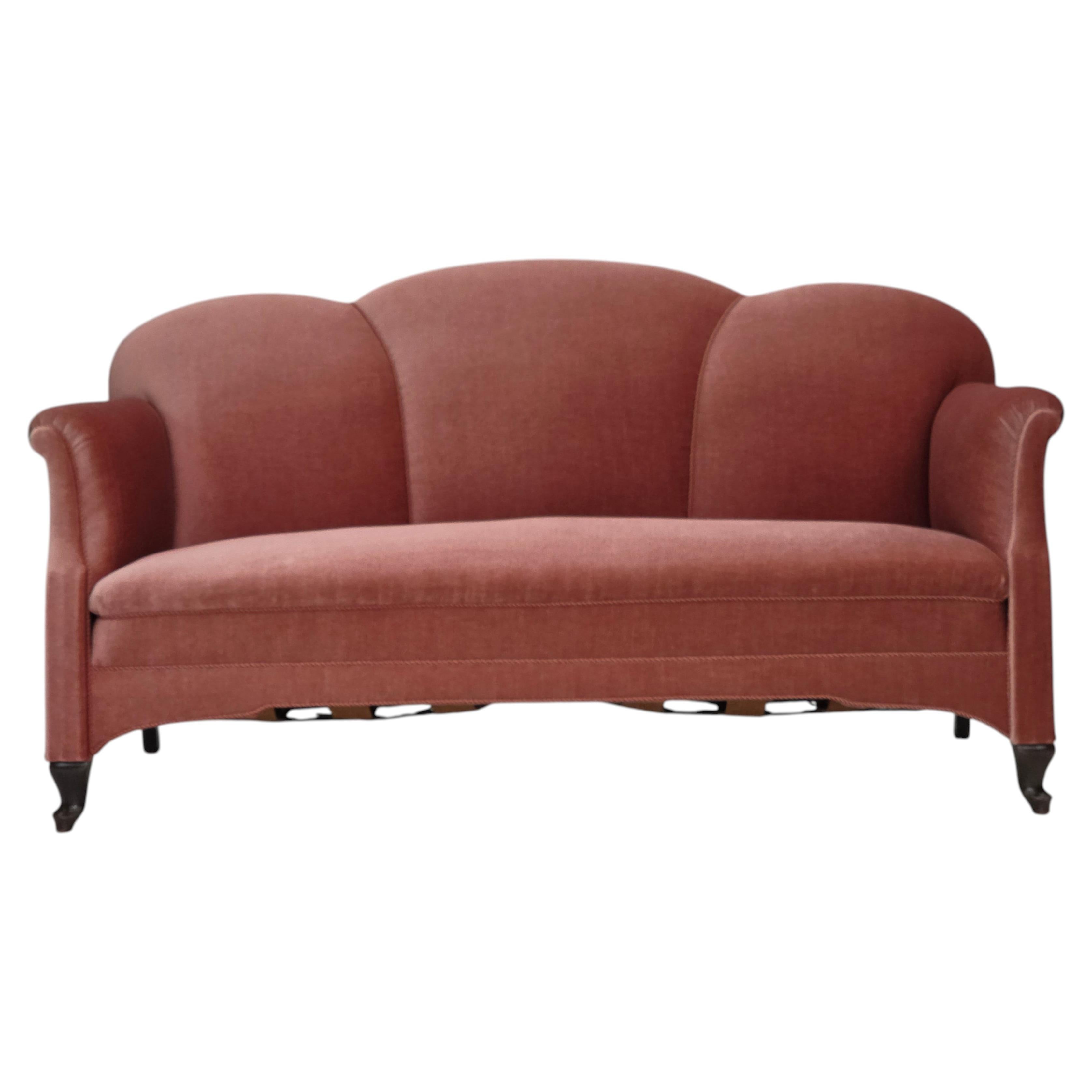 1950s, Danish 2-seater sofa, salmon pink furniture velour, oak wood legs.