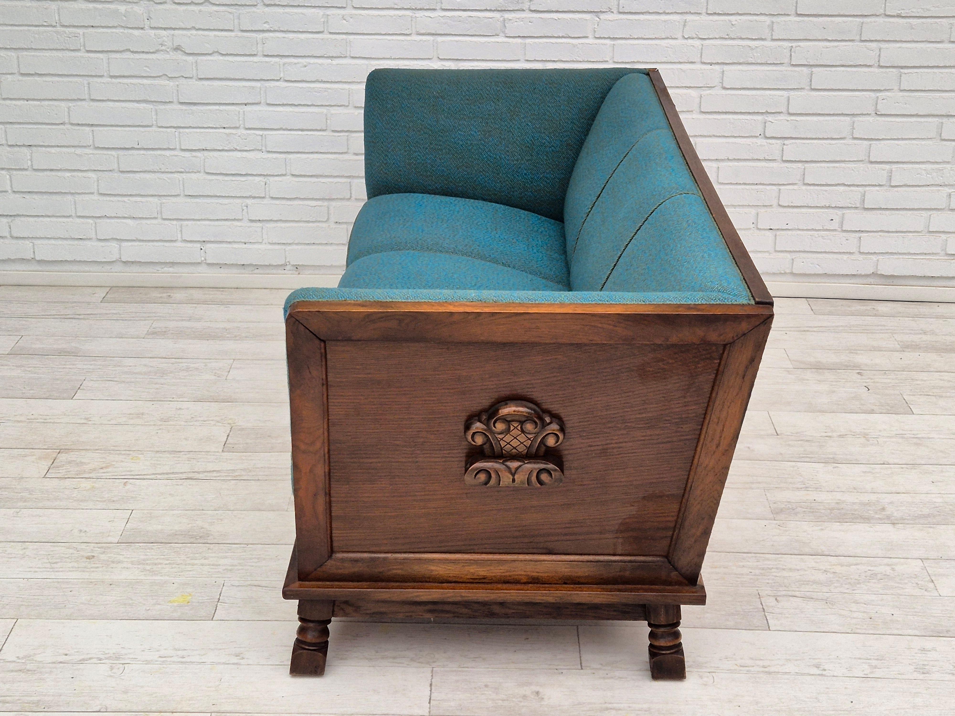 1950s, Danish 3 seater drop arm sofa, very good condition, wool, oak. 6