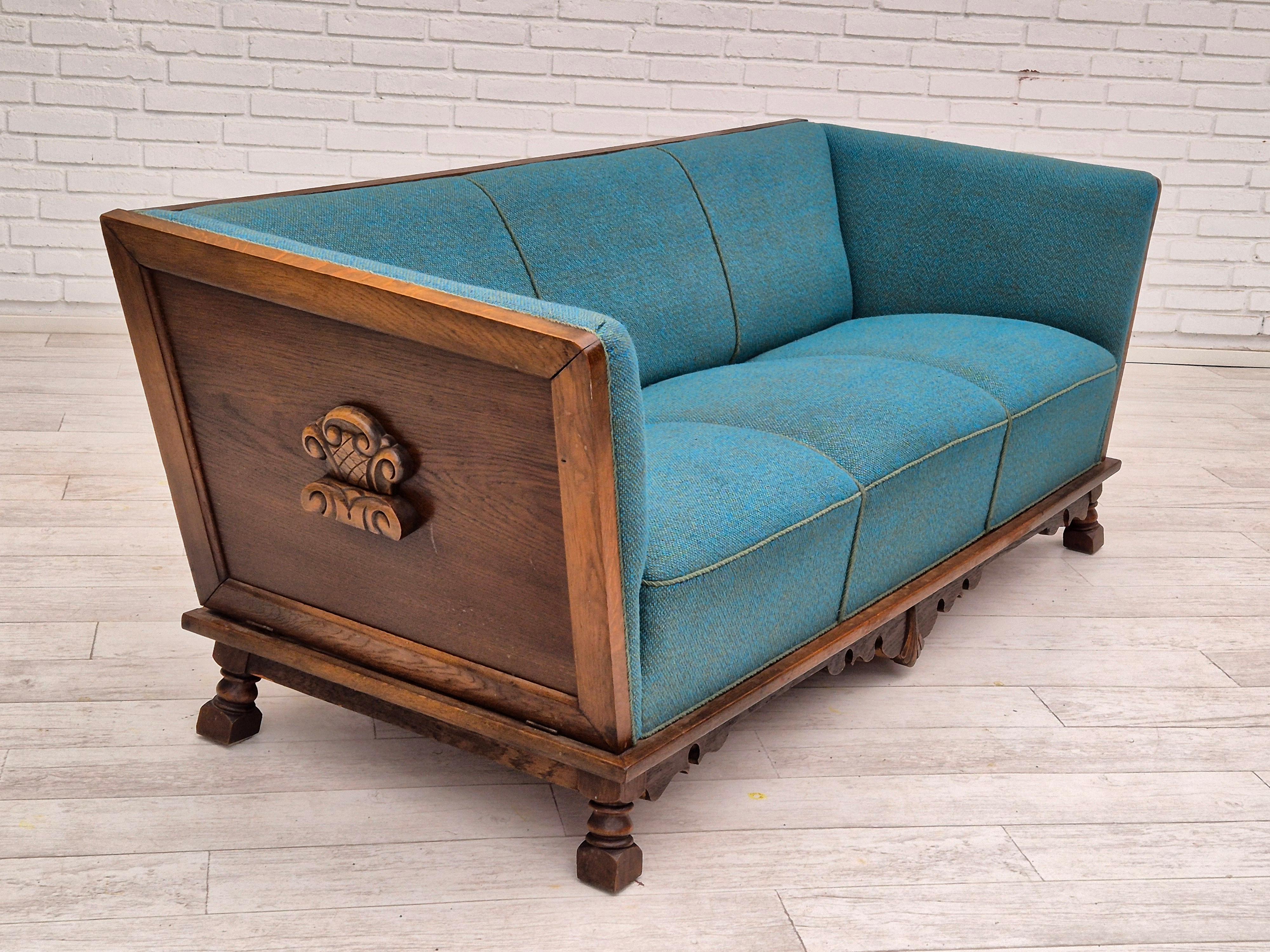 1950s, Danish 3 seater drop arm sofa, very good condition, wool, oak. 10