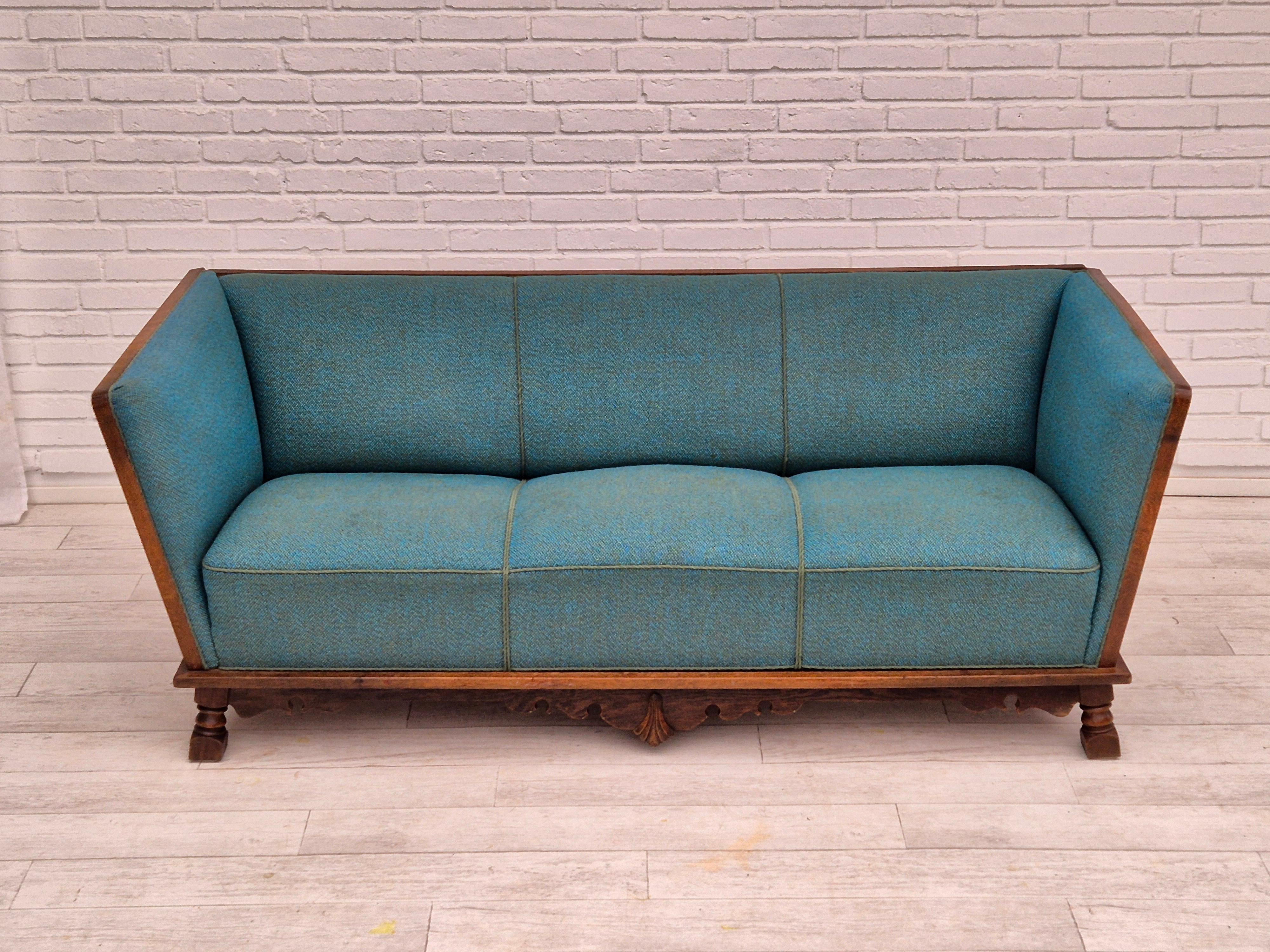 Scandinavian Modern 1950s, Danish 3 seater drop arm sofa, very good condition, wool, oak.