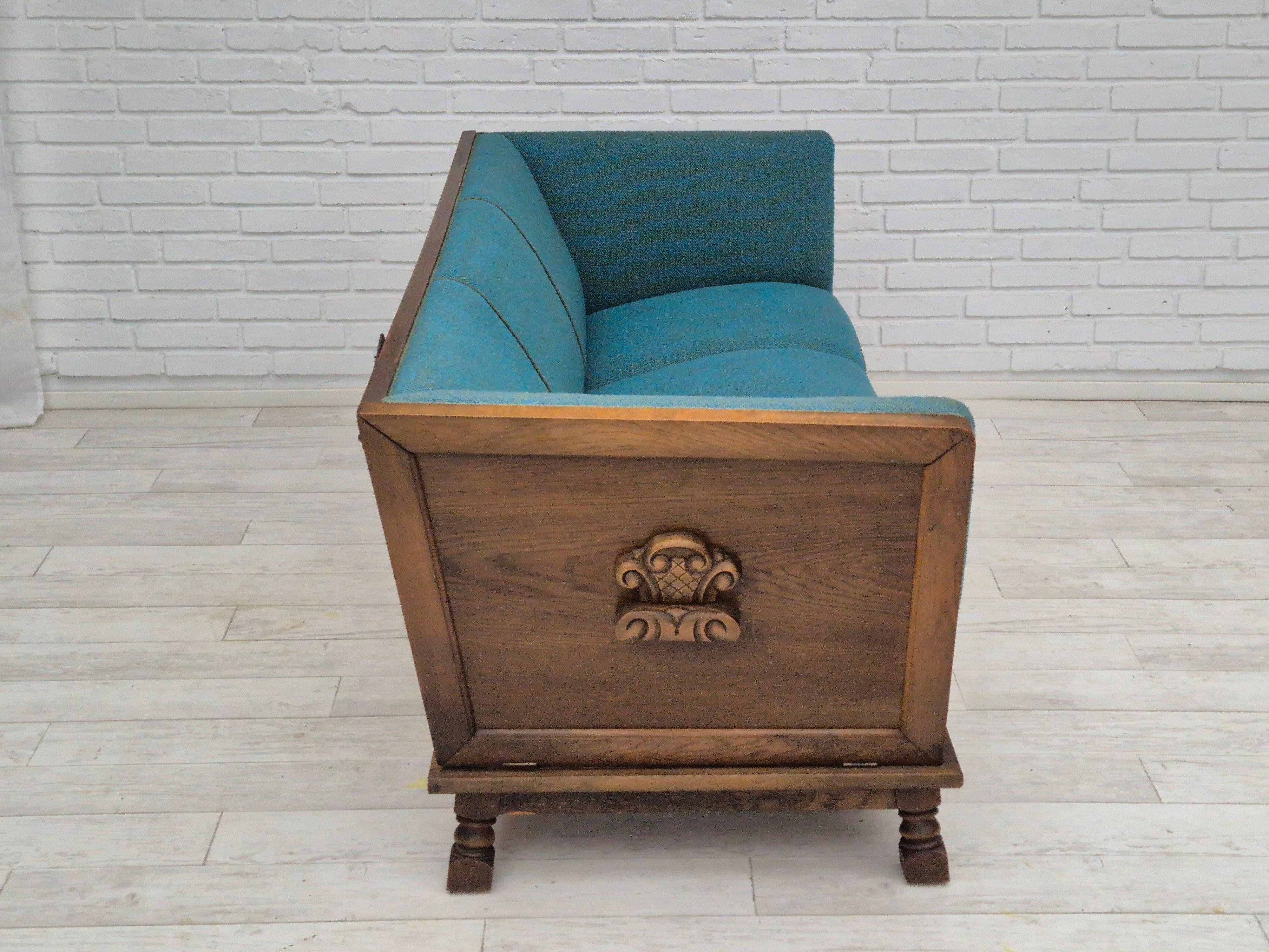 Mid-20th Century 1950s, Danish 3 seater drop arm sofa, very good condition, wool, oak.