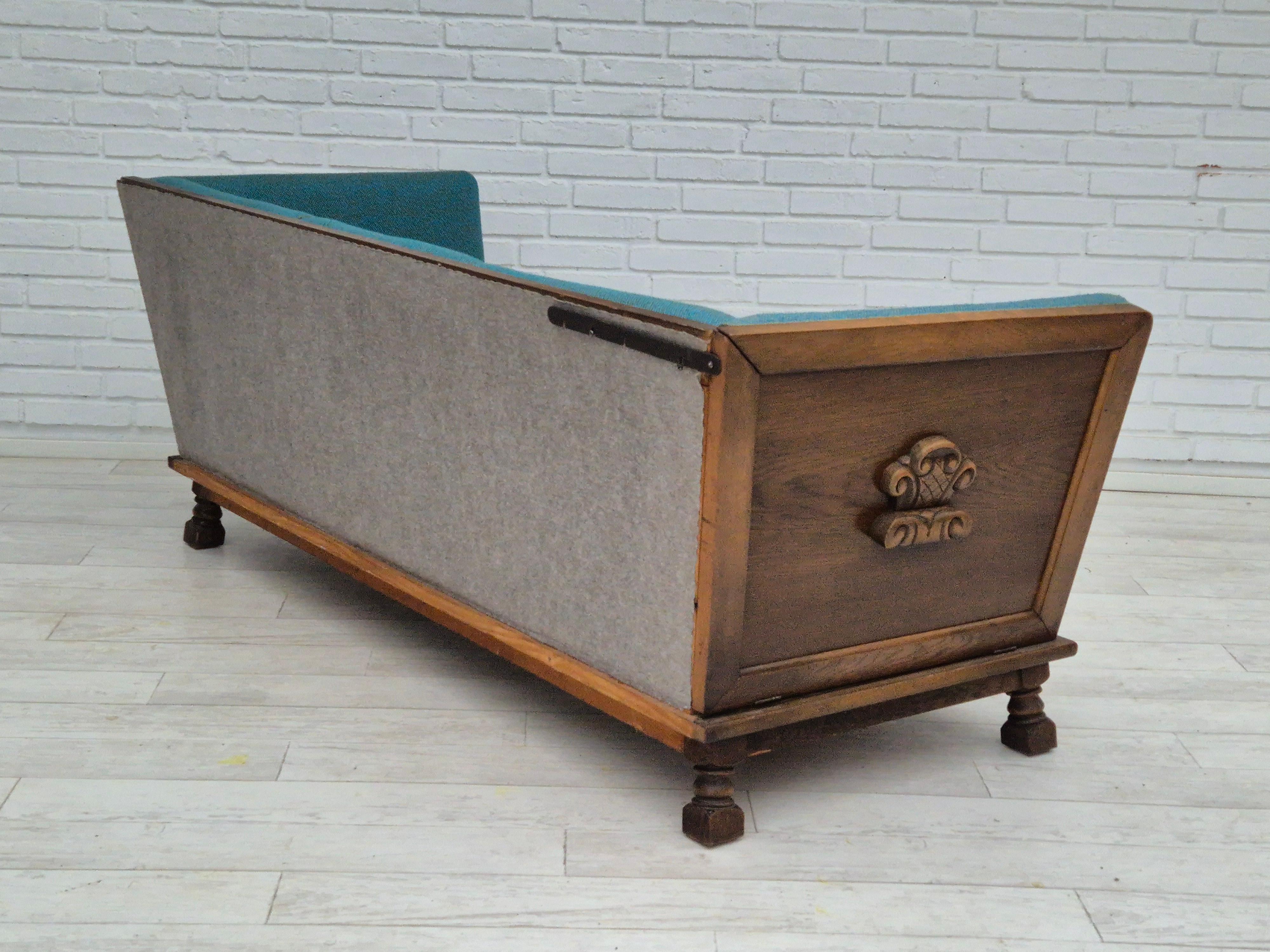 1950s, Danish 3 seater drop arm sofa, very good condition, wool, oak. 1