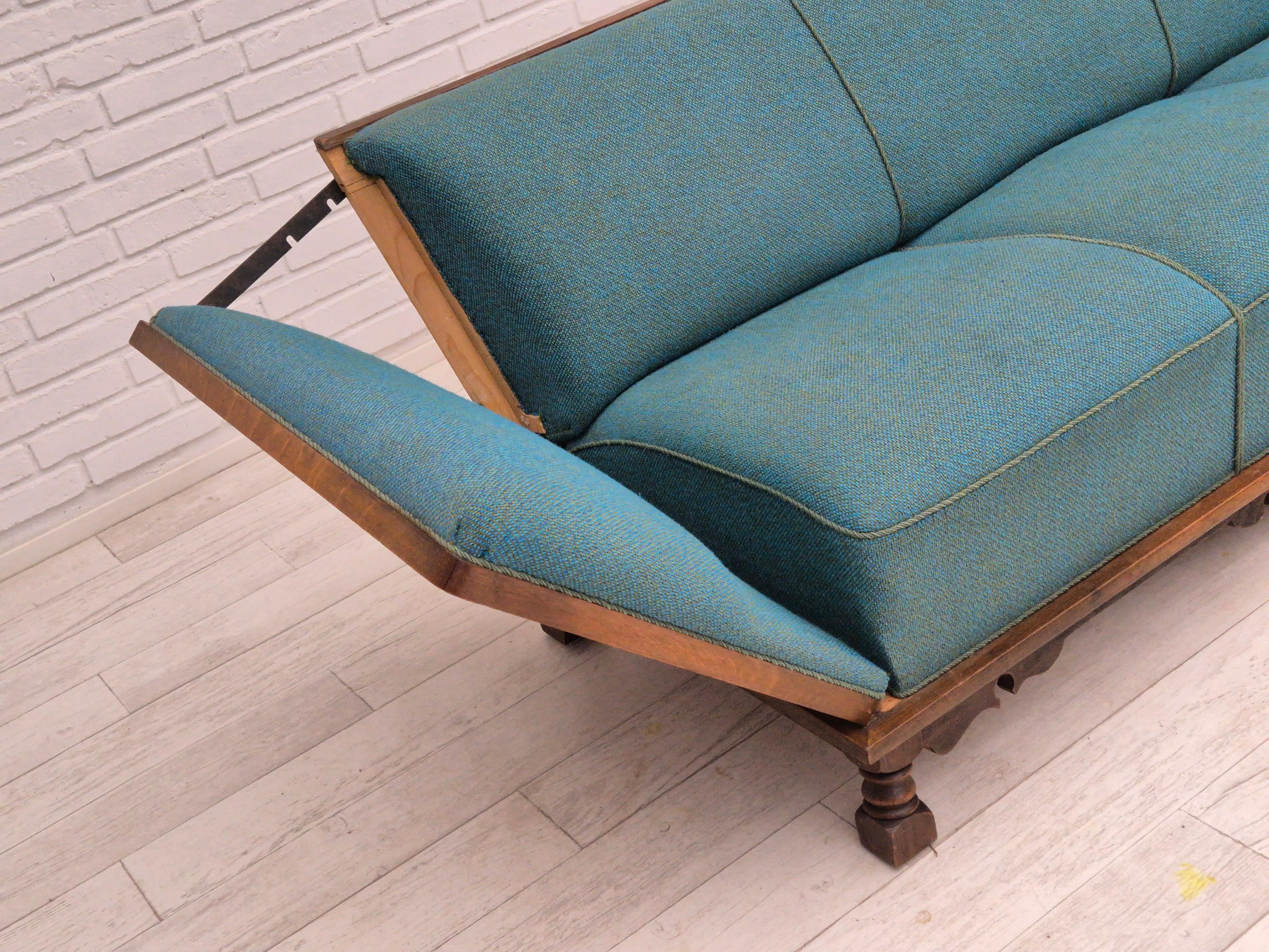 1950s, Danish 3 seater drop arm sofa, very good condition, wool, oak. 2