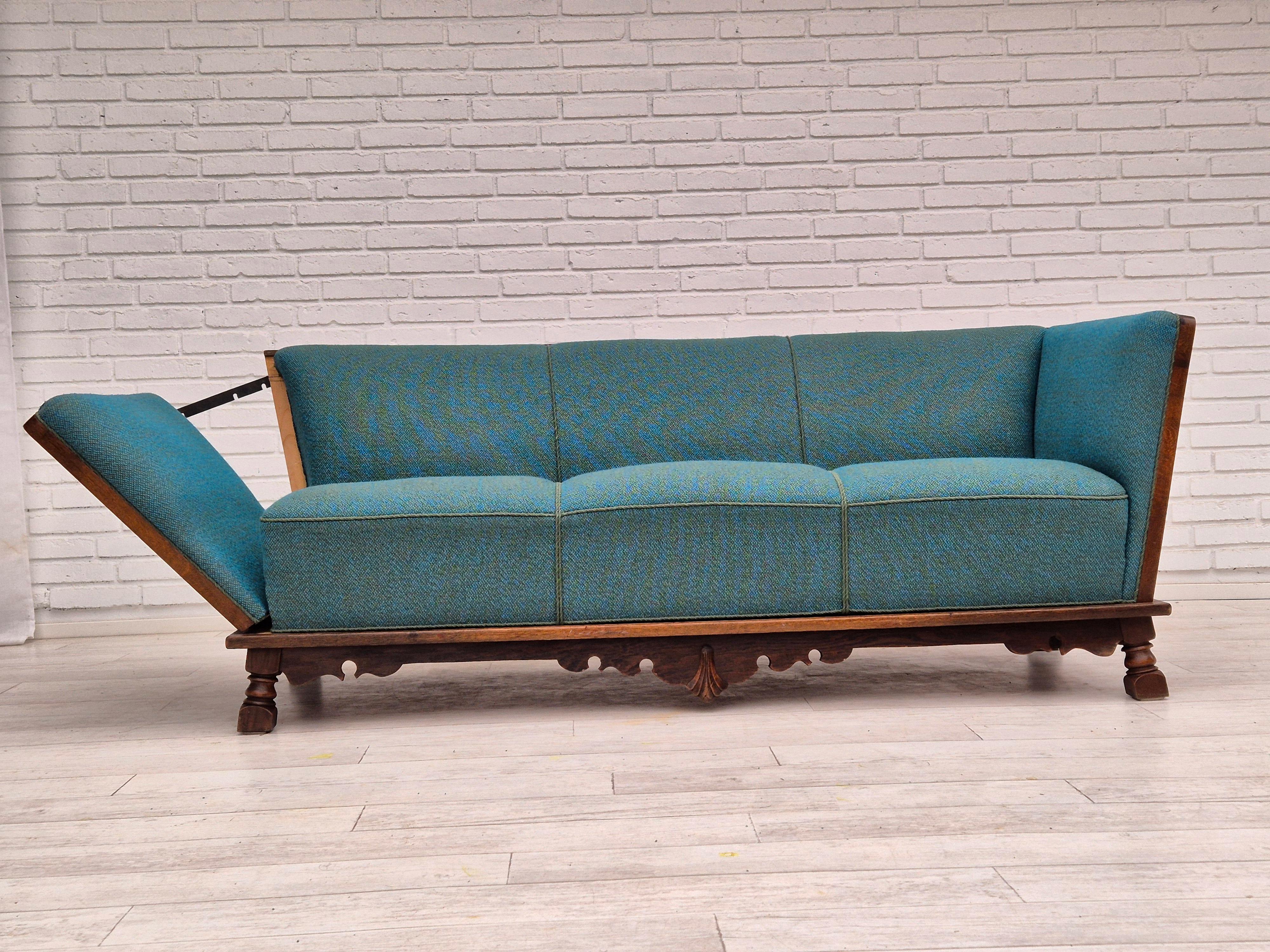 1950s, Danish 3 seater drop arm sofa, very good condition, wool, oak. 3