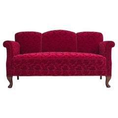 1950s, Danish 3-seater sofa, cherry-red furniture velour, beech wood legs.