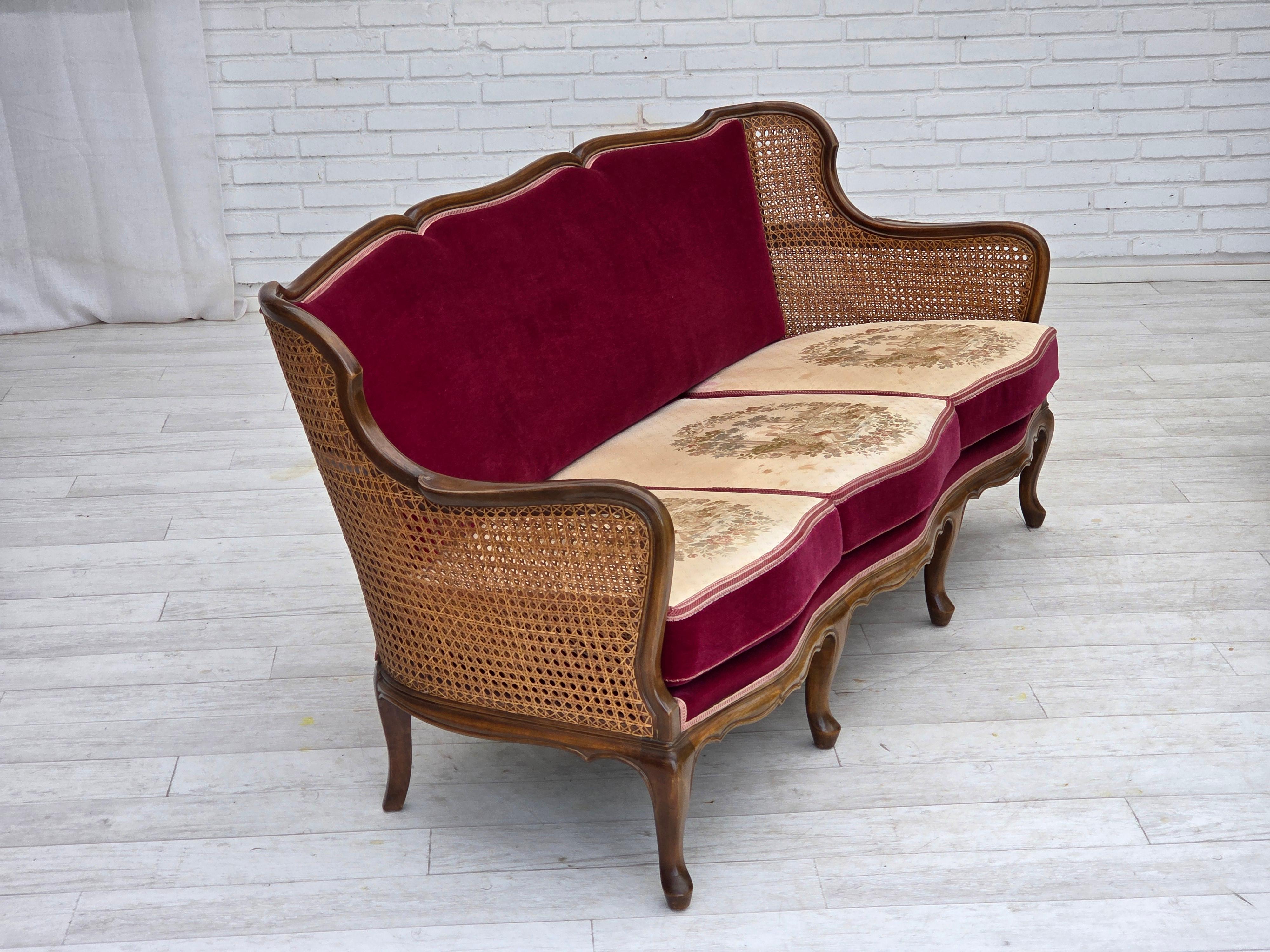 Años 50, sofá danés de 3 plazas, muebles de terciopelo, madera de fresno, muebles de malla. en venta 13