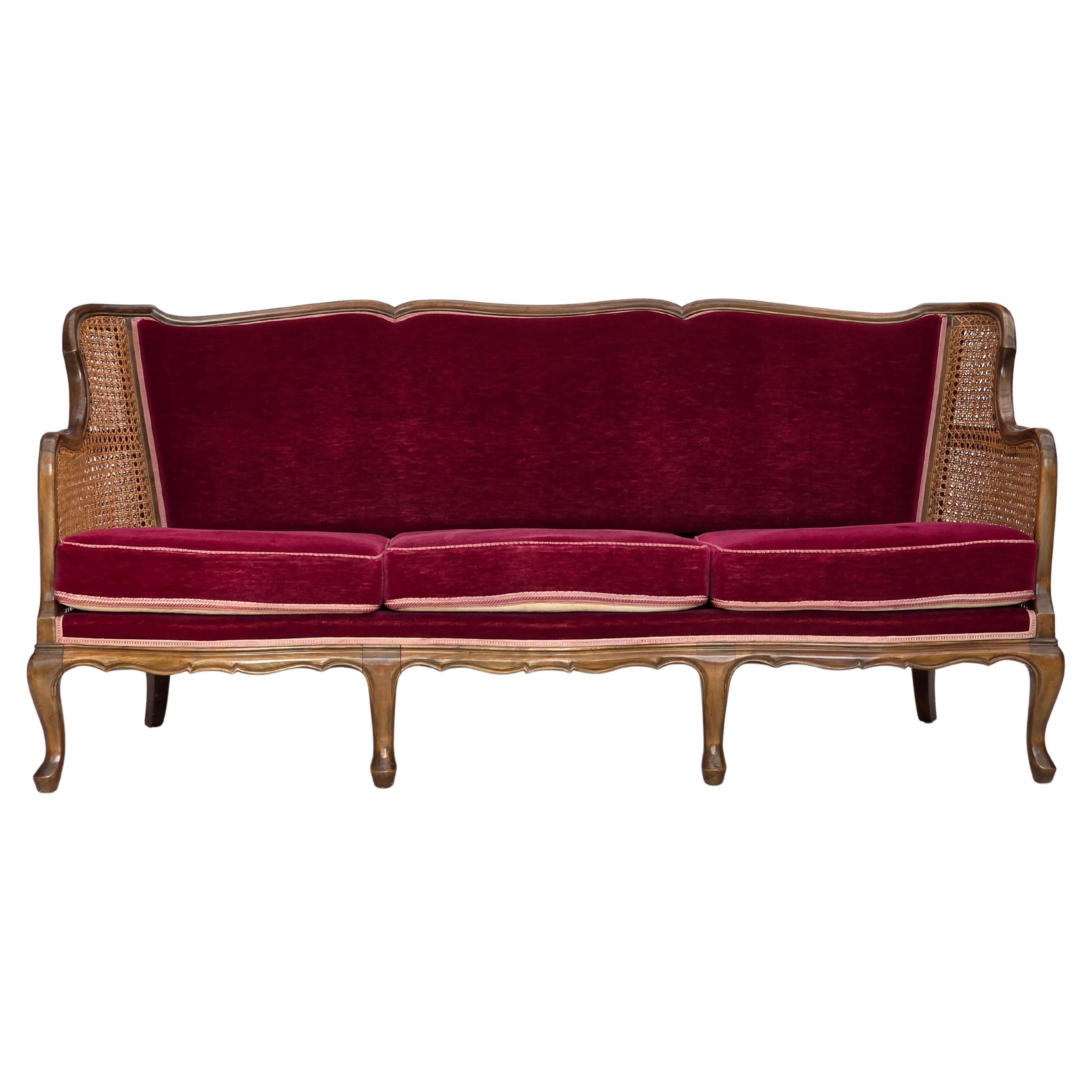 Años 50, sofá danés de 3 plazas, muebles de terciopelo, madera de fresno, muebles de malla.