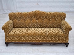 1950s, Danish 3-seater sofa, furniture velour, carved oak wood.