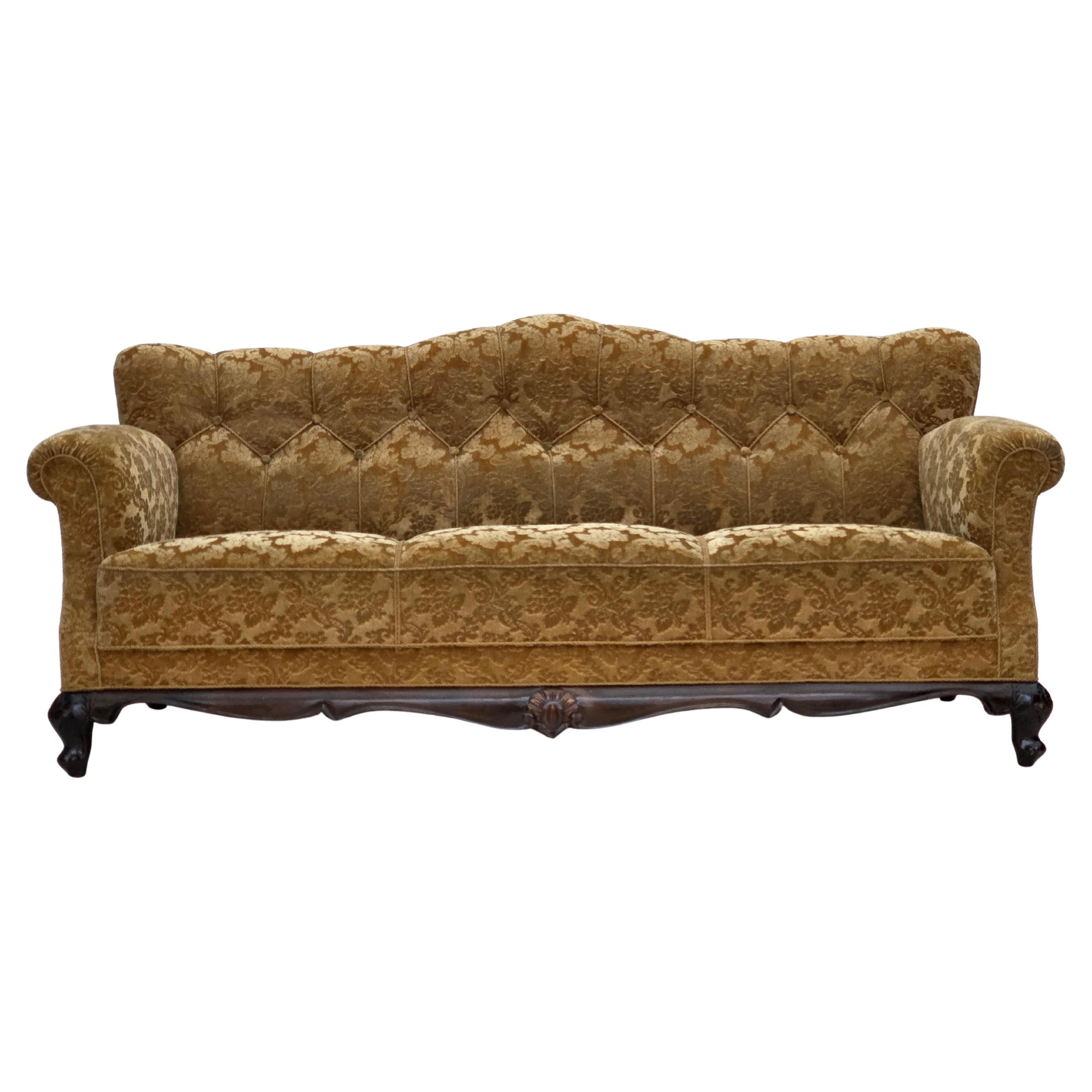 1950s, Danish 3-seater sofa, furniture velour, carved oak wood.