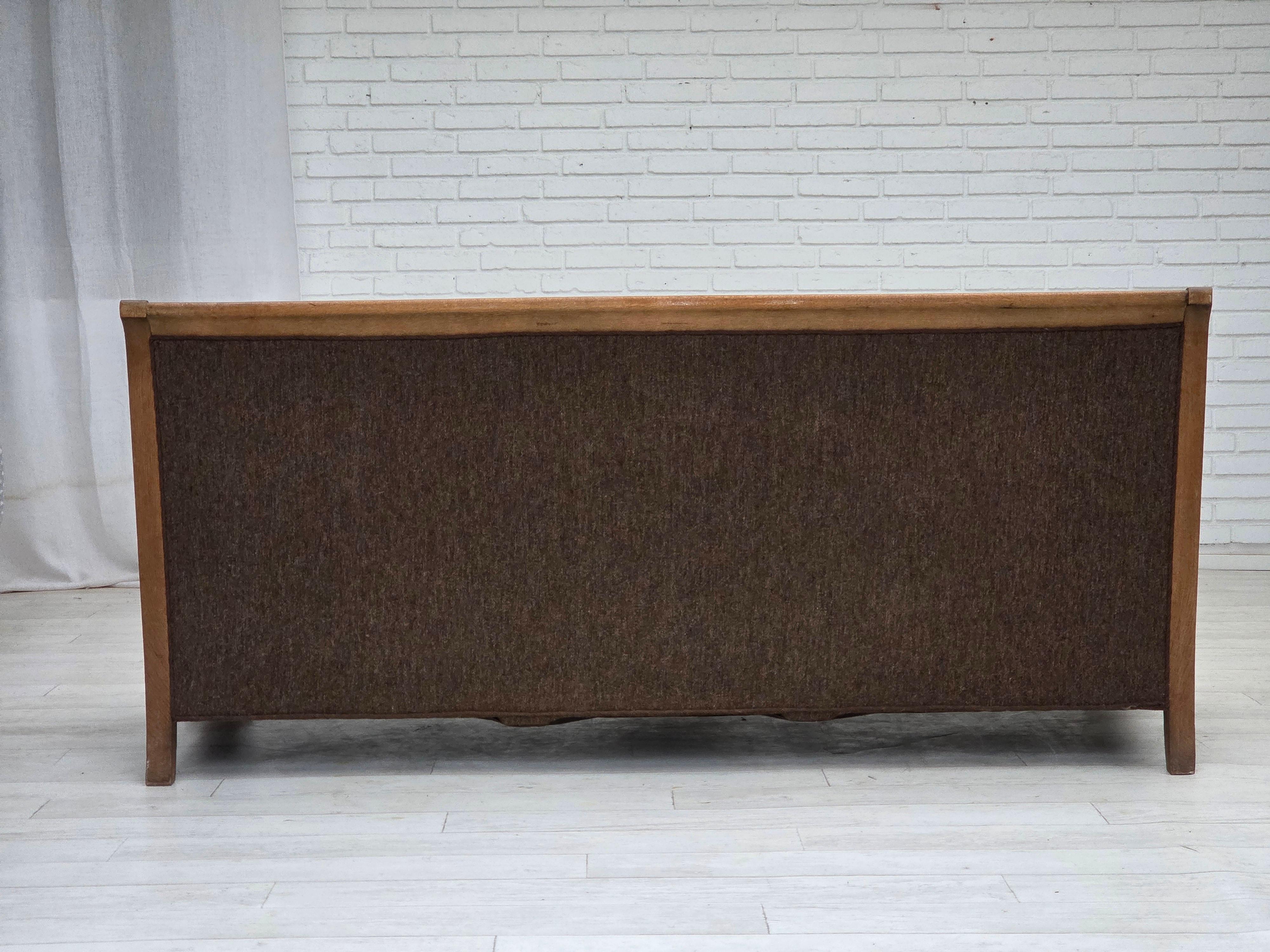 1950s, Danish 3-seater sofa, furniture wool, solid carved oak wood. For Sale 5