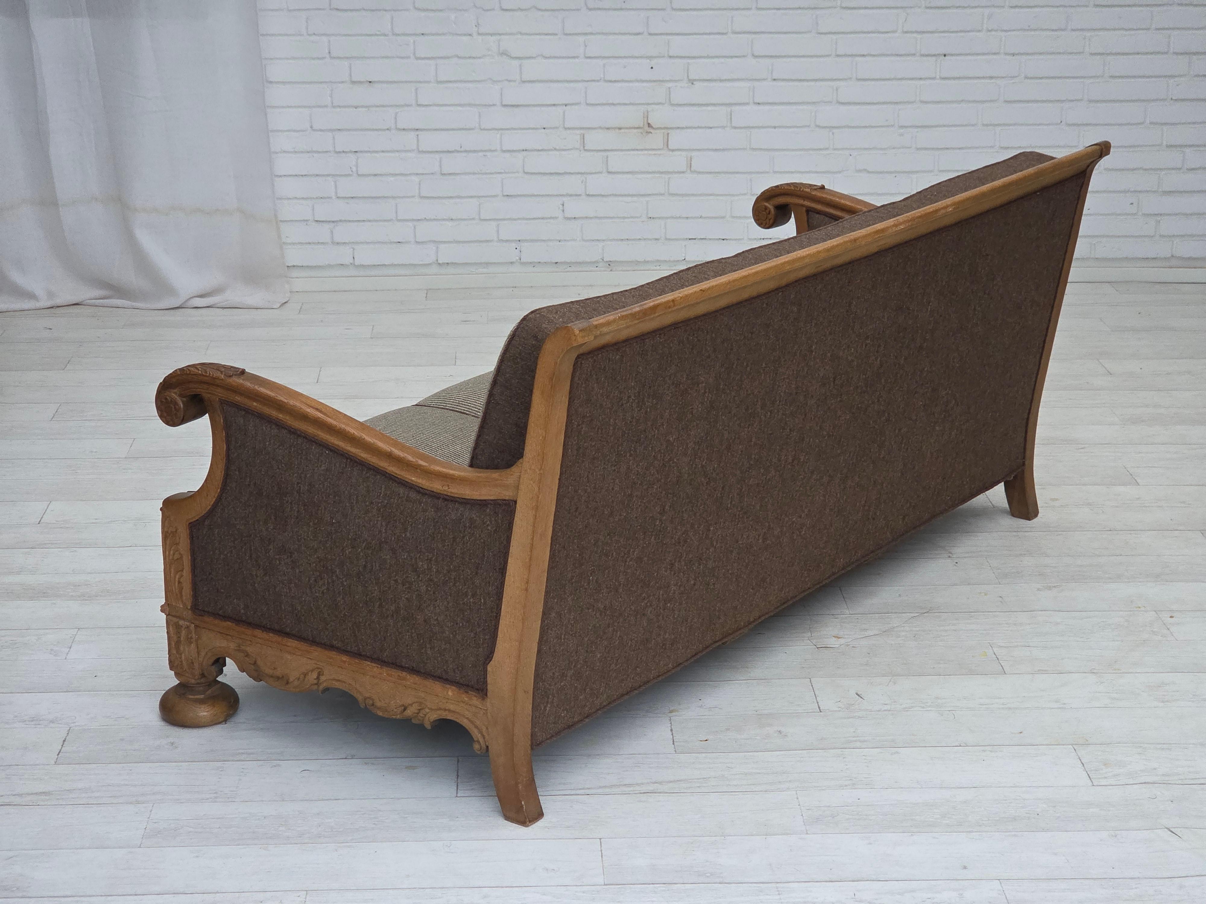 1950s, Danish 3-seater sofa, furniture wool, solid carved oak wood. For Sale 6