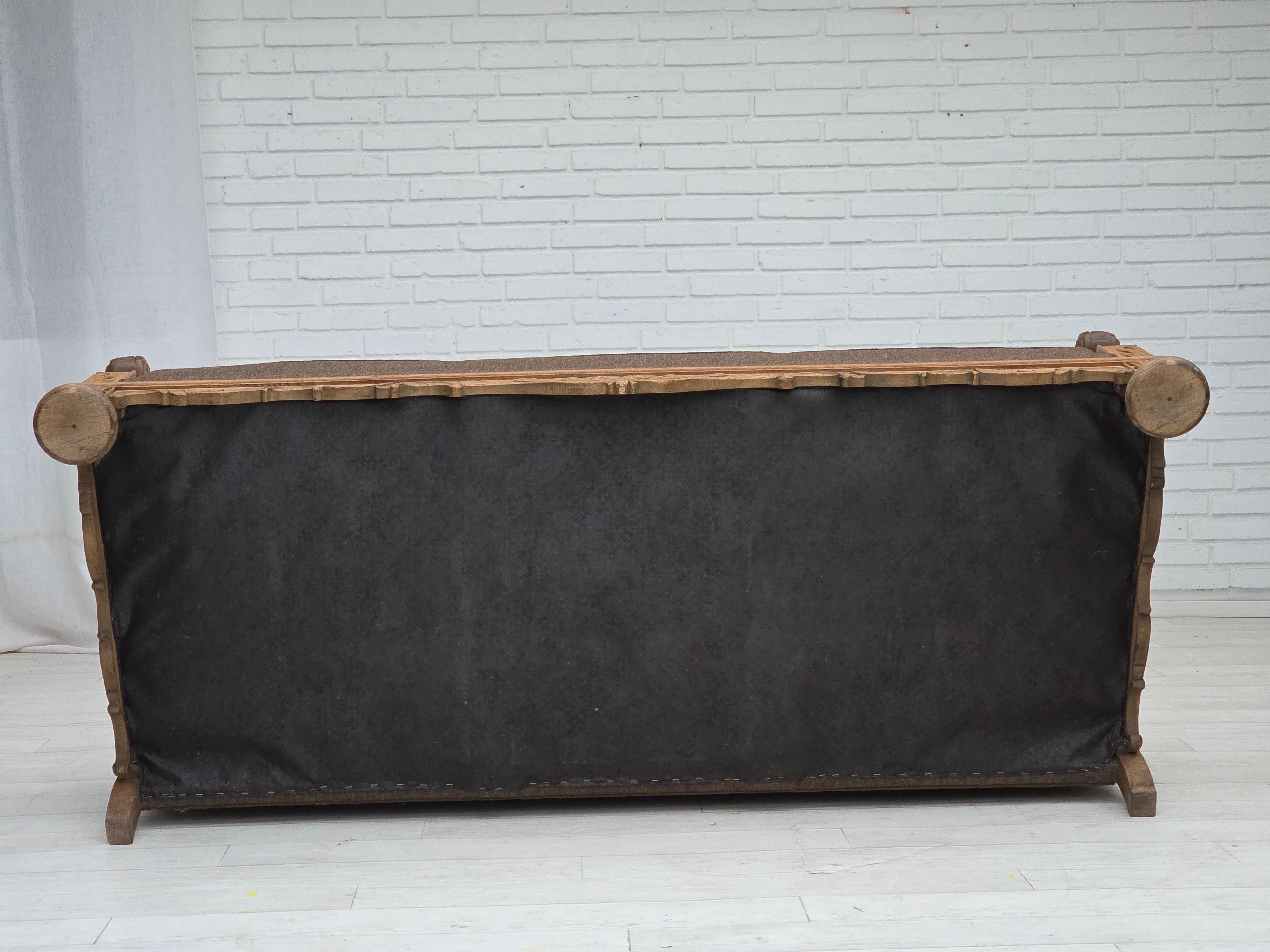 1950s, Danish 3-seater sofa, furniture wool, solid carved oak wood. For Sale 9