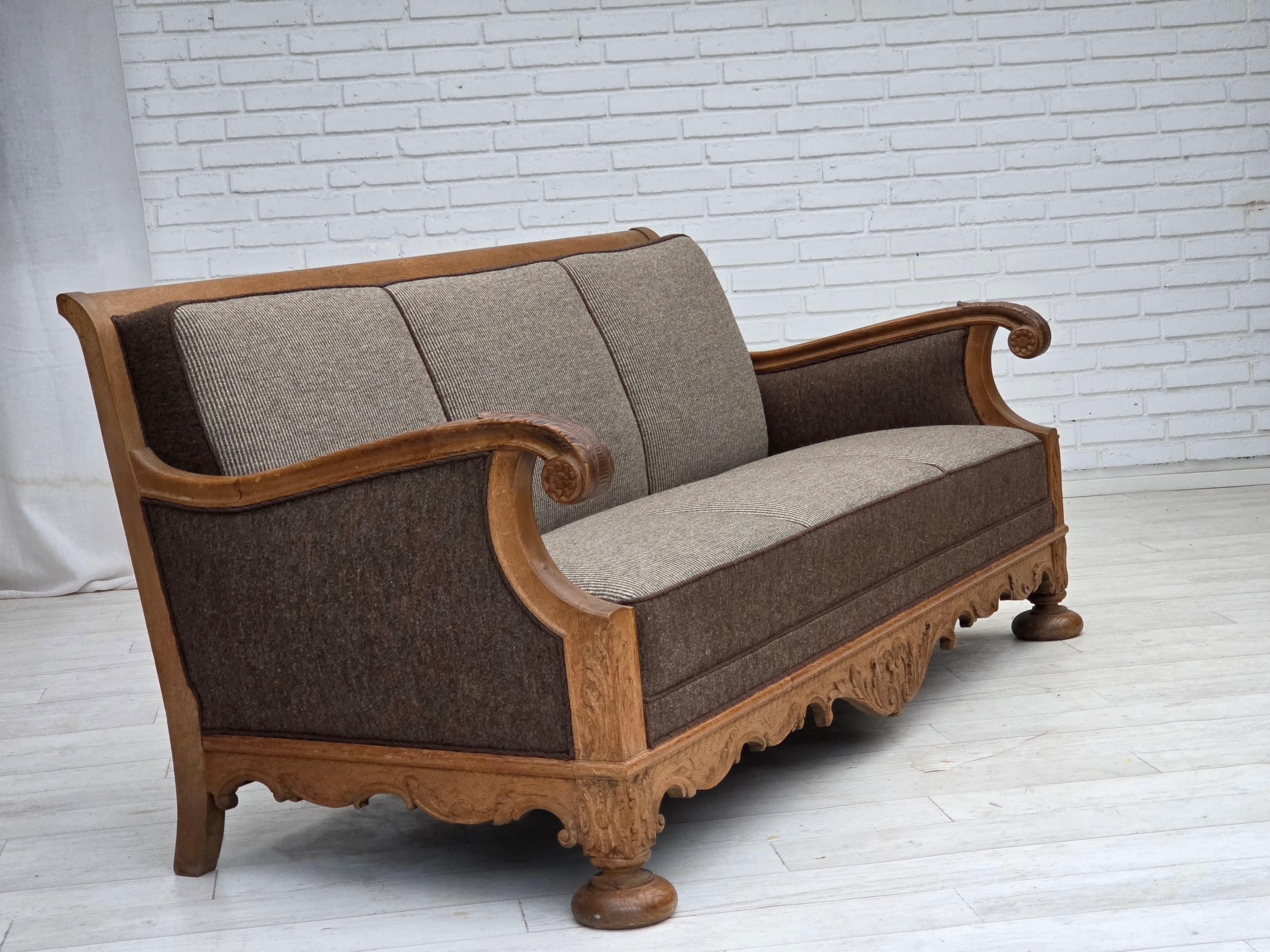 Mid-20th Century 1950s, Danish 3-seater sofa, furniture wool, solid carved oak wood. For Sale