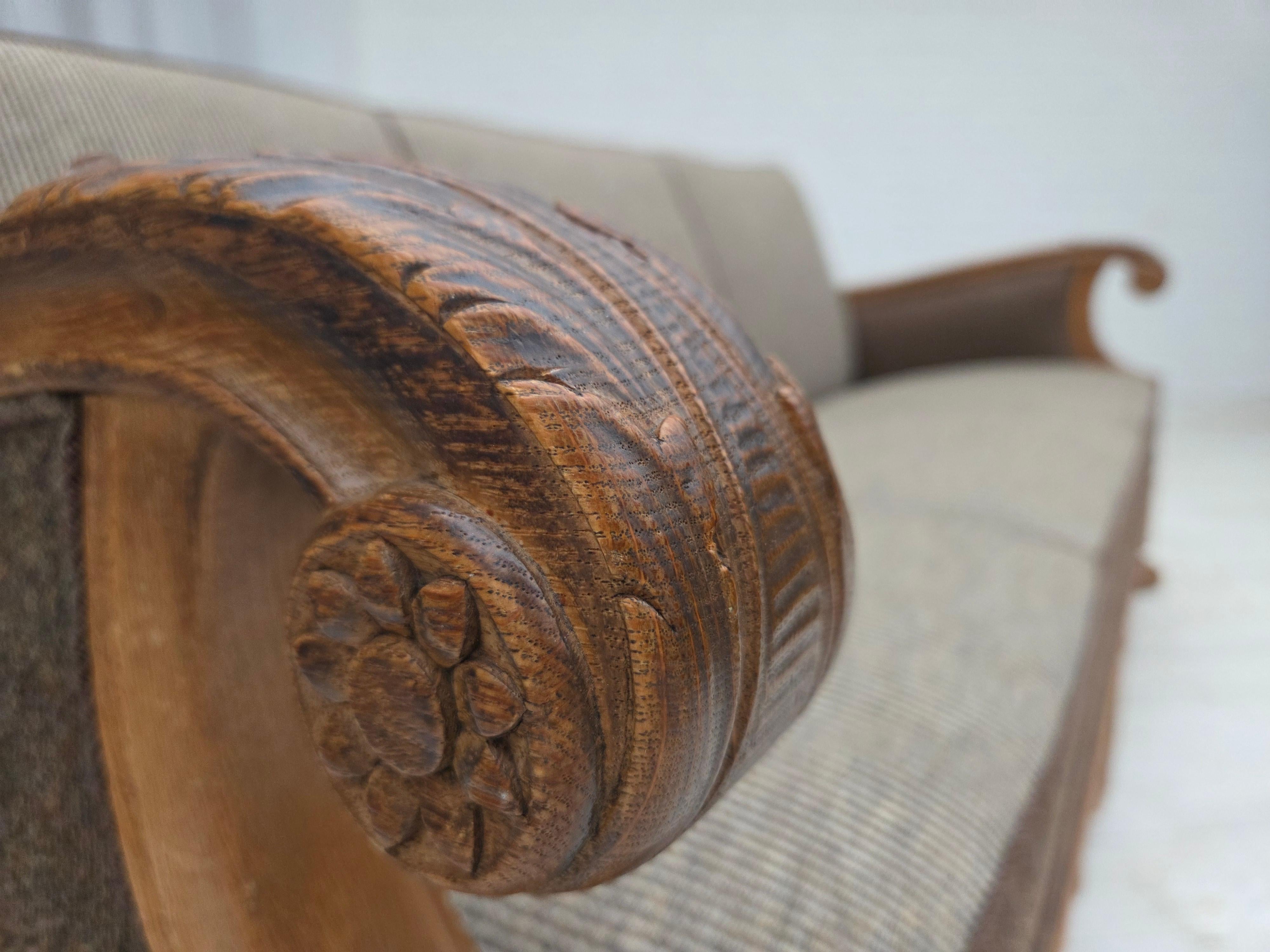 1950s, Danish 3-seater sofa, furniture wool, solid carved oak wood. For Sale 1