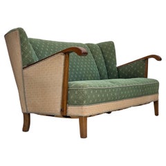 1950s, Danish 3-seater sofa, green/beige furniture wool fabric, oak wood.