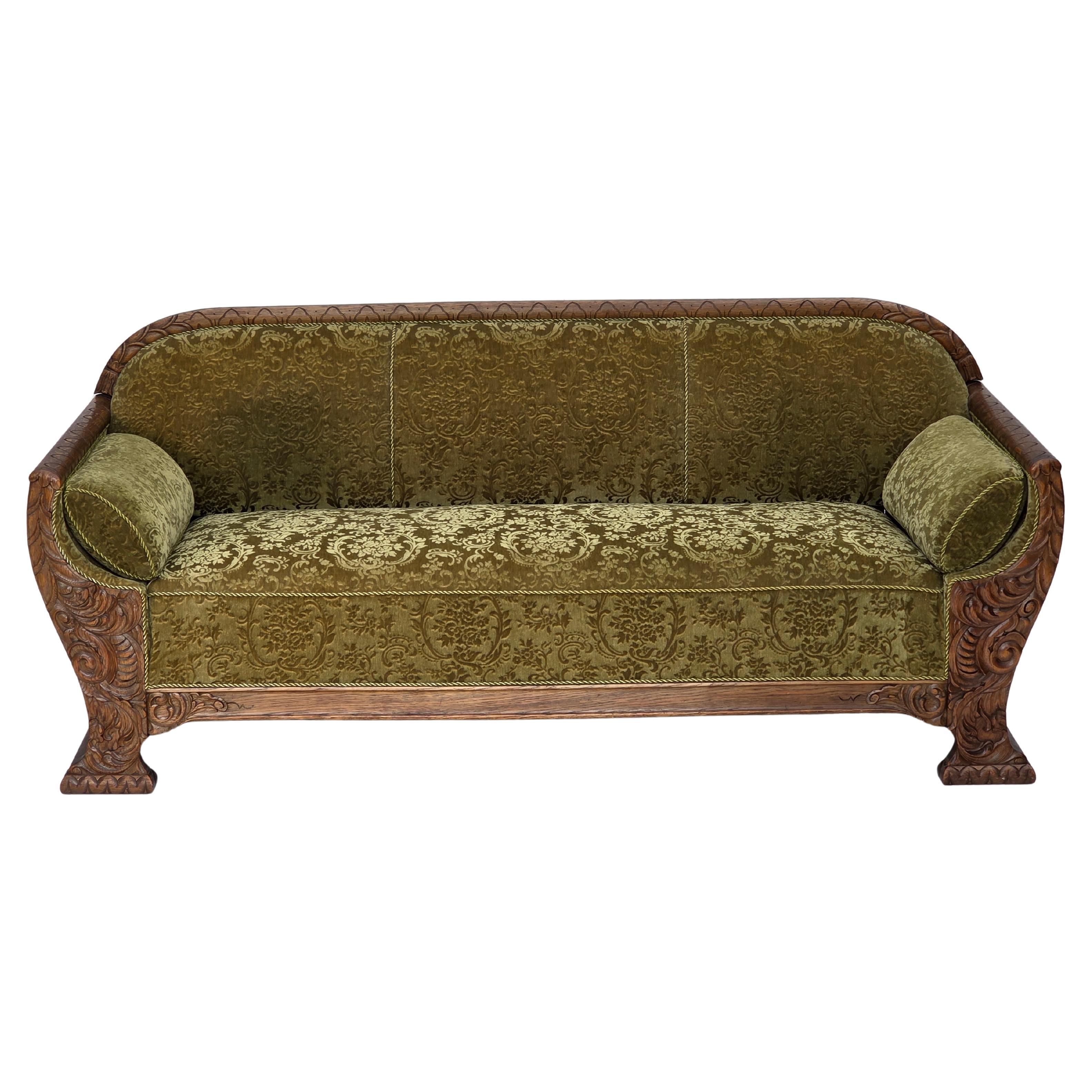 1950s, Danish 3-seater sofa, green furniture velour, oak wood.