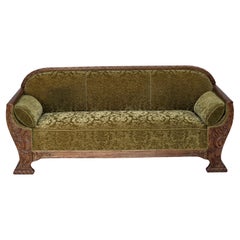 Vintage 1950s, Danish 3-seater sofa, green furniture velour, oak wood.