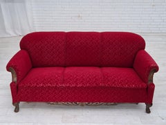 1950s, Danish 3-seater sofa, red and light grey furniture wool, carved oak wood.