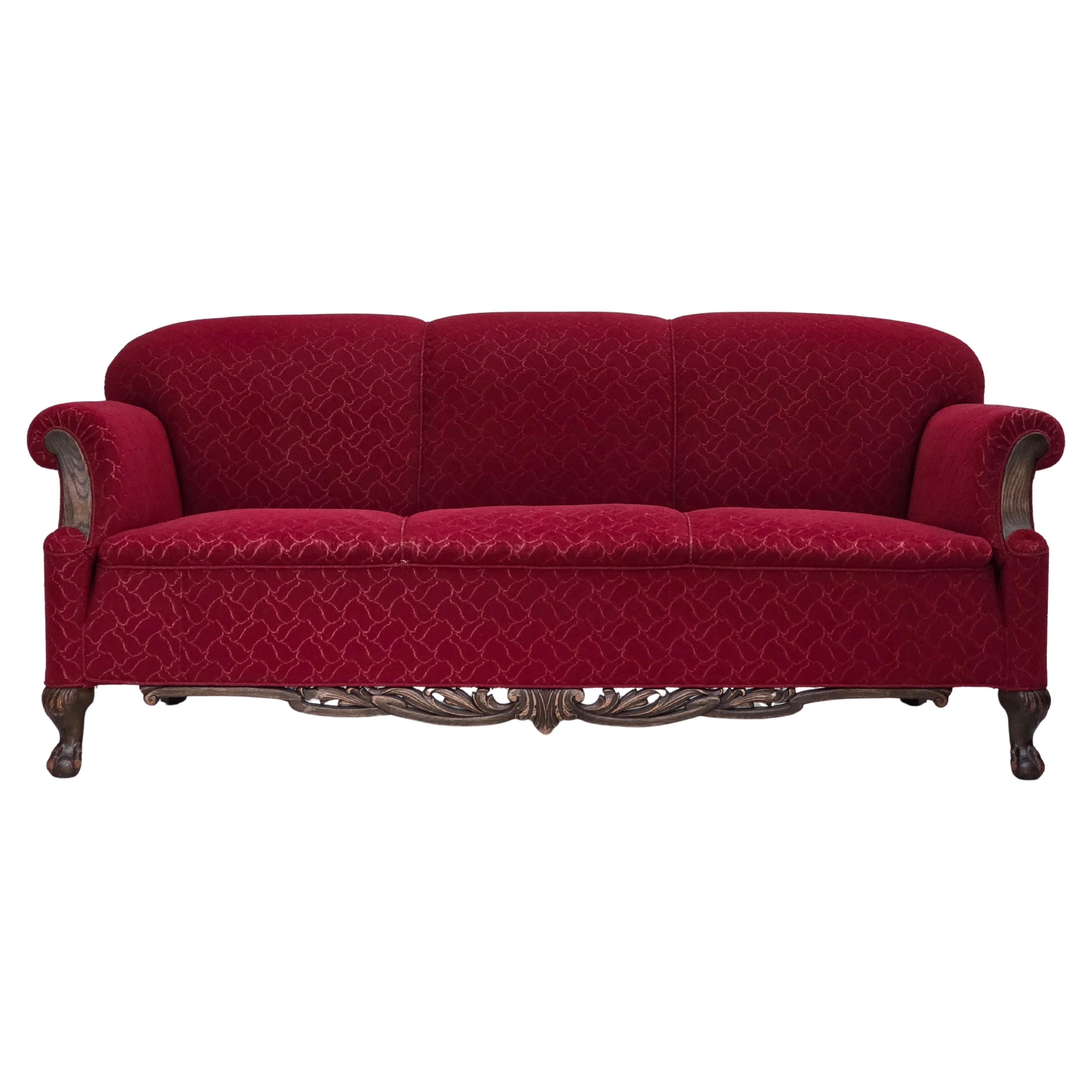 1950s, Danish 3-seater sofa, red and light grey furniture wool, carved oak wood.
