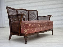 1950s, Danish 3-seater sofa, salmon pink velour, furniture mesh, beech wood.