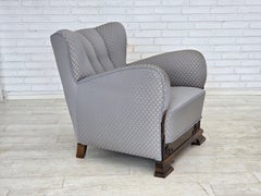 1950s, Danish armchair, furniture fabric, carved oak wood.