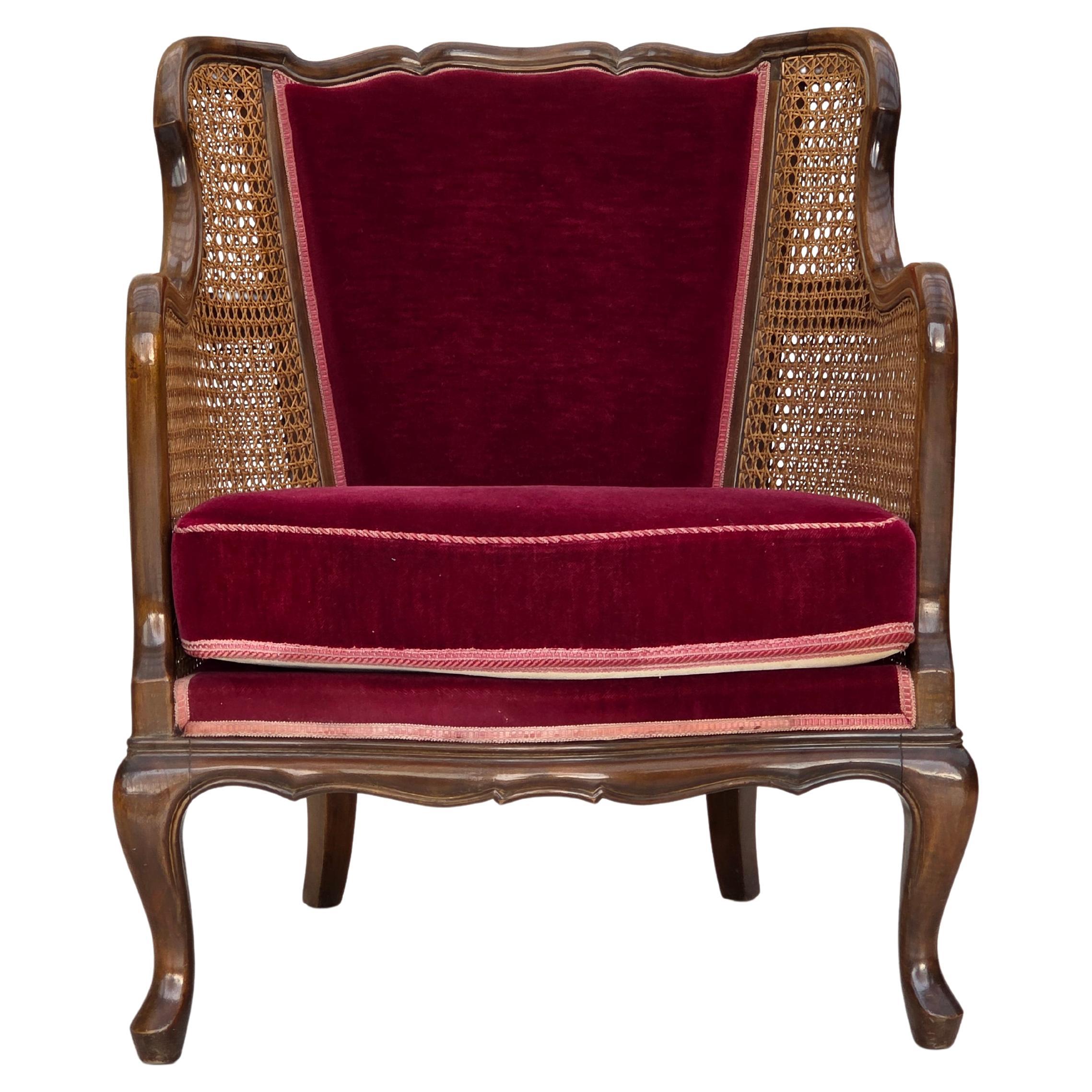 1950er Jahre, dänischer Sessel, Möbelvelours, Eschenholz, Möbelgeflecht.