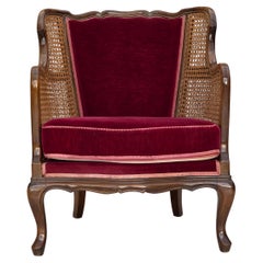 1950er Jahre, dänischer Sessel, Möbelvelours, Eschenholz, Möbelgeflecht.