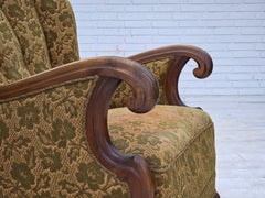 1950s, Danish armchair, furniture wool, hand carved oak wood.