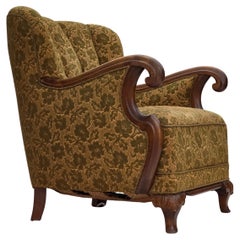 1950s, Danish armchair, furniture wool, hand carved oak wood.