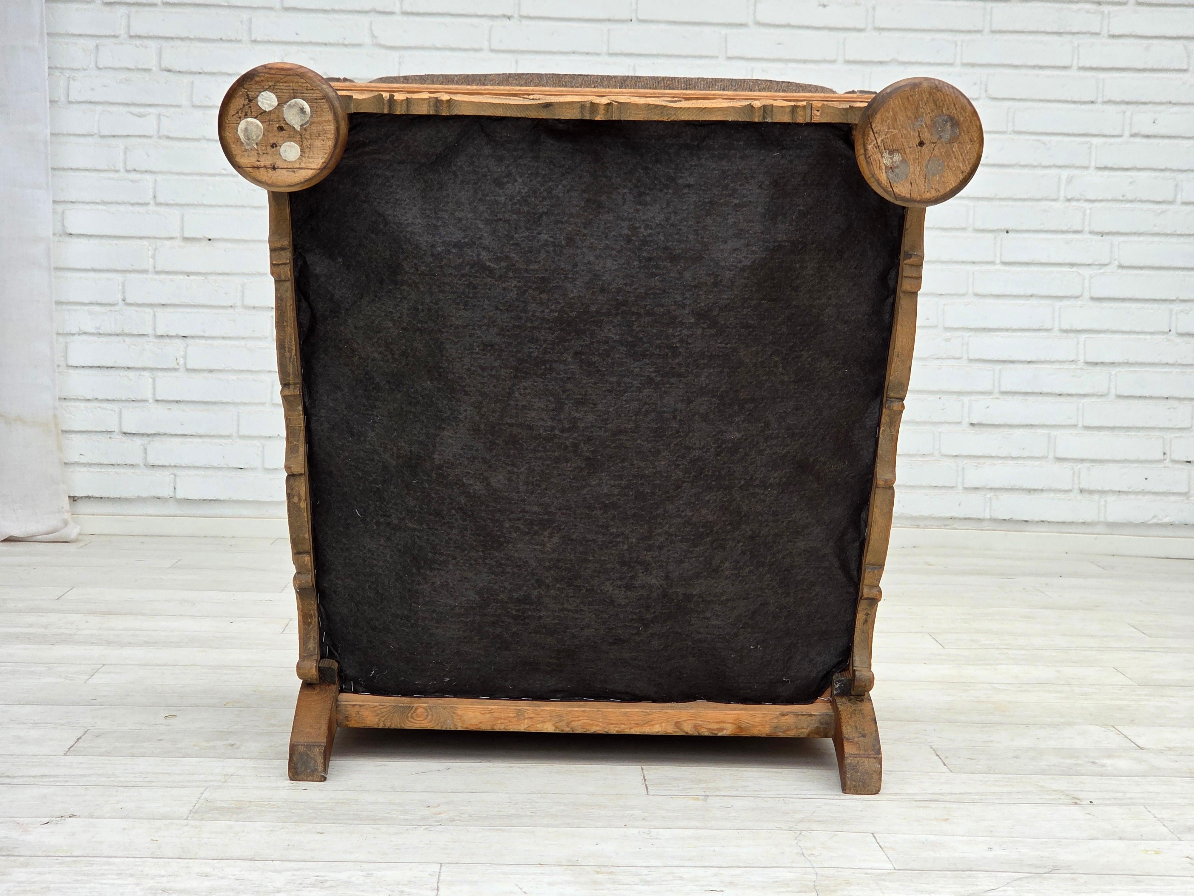 Años 50, sillón danés, mueble de lana, madera maciza de roble tallada. en venta 8