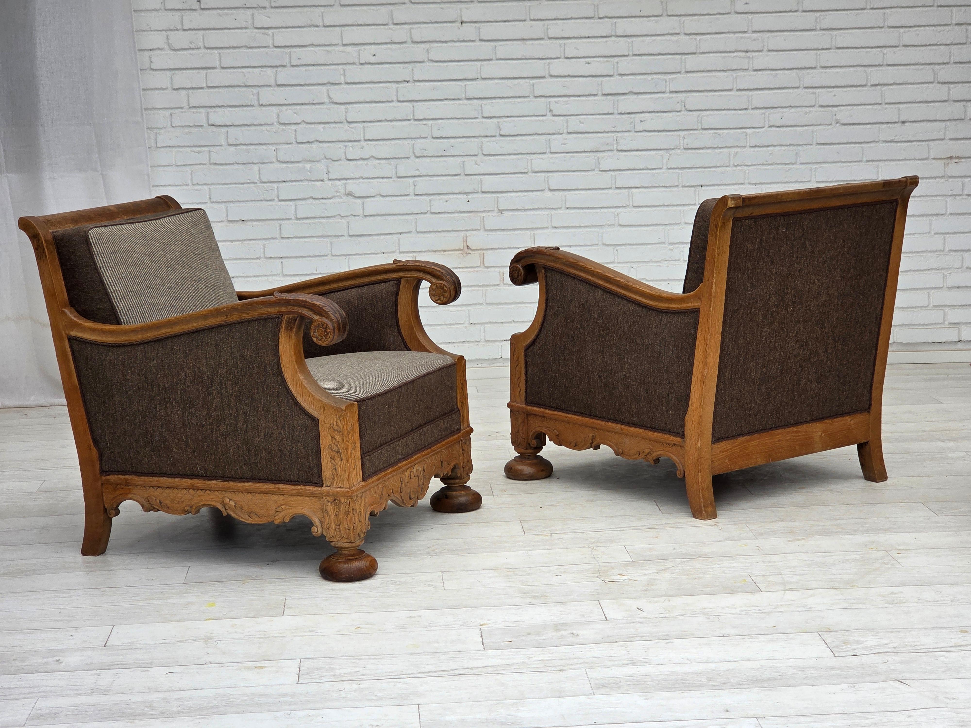 Años 50, sillón danés, mueble de lana, madera maciza de roble tallada. en venta 11