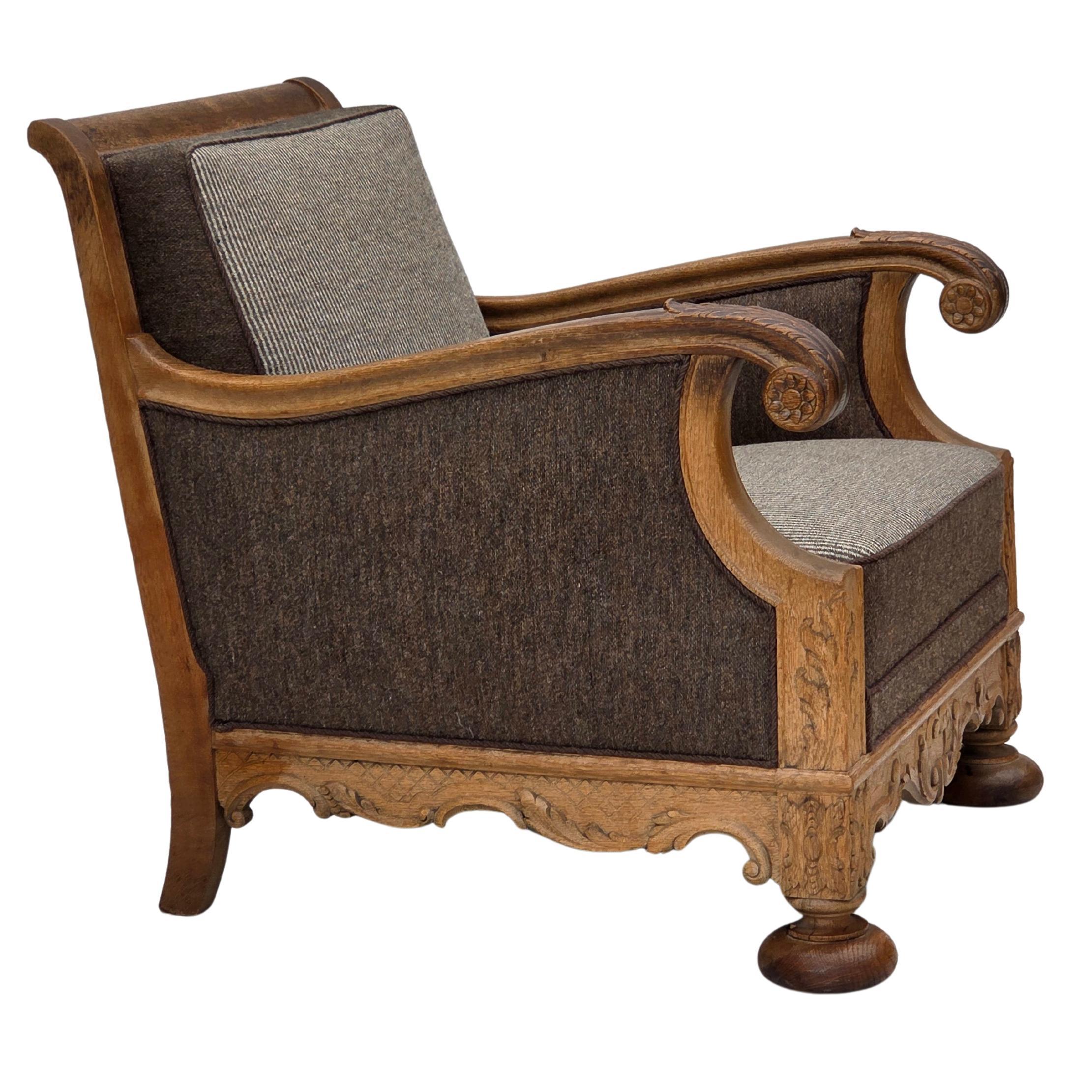 Años 50, sillón danés, mueble de lana, madera maciza de roble tallada.