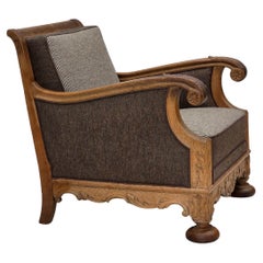 1950s, Danish armchair, furniture wool, solid carved oak wood.