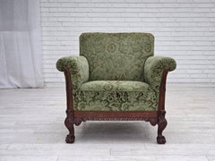 1950s, Danish armchair, green furniture velour, carved oak wood.