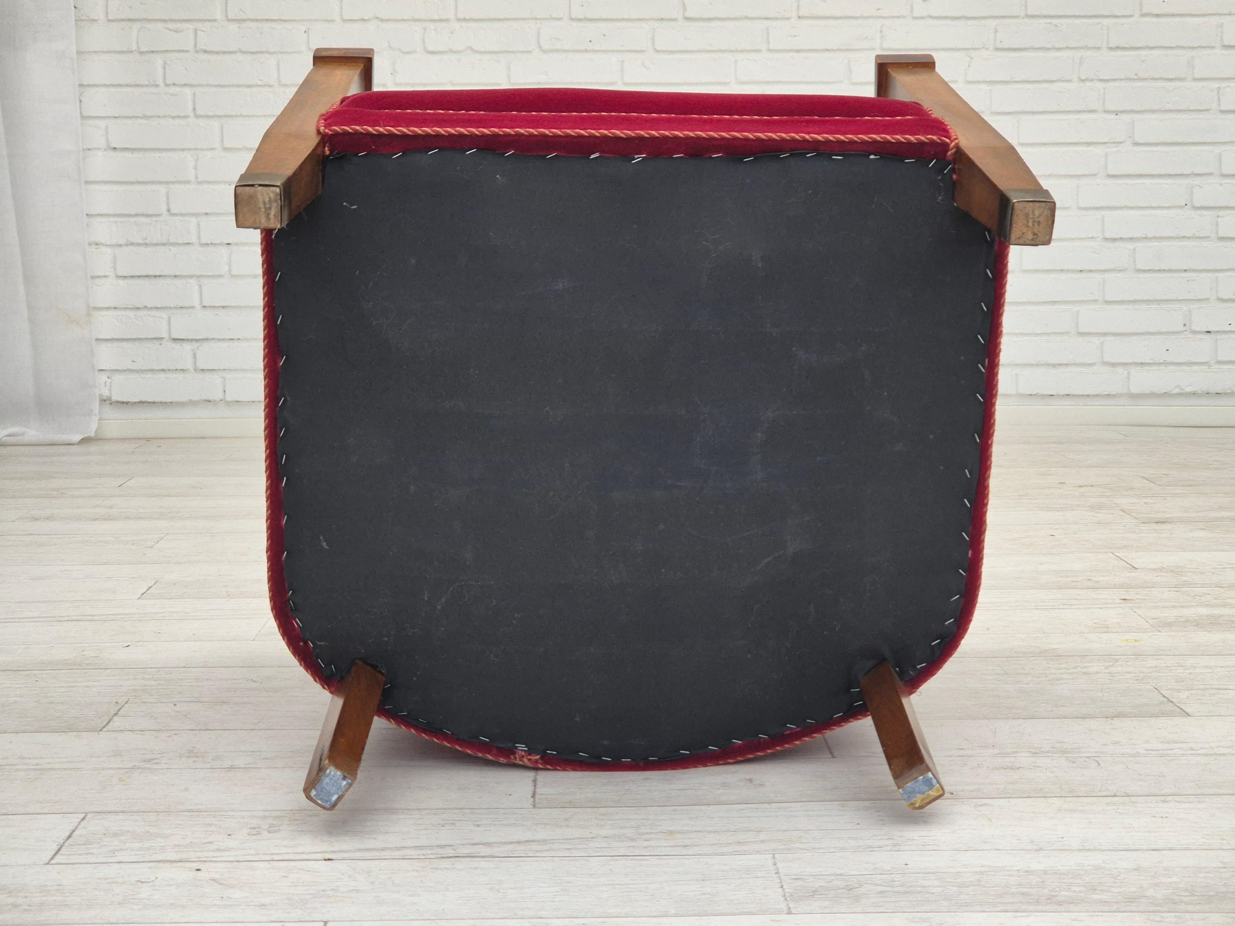 1950s, Danish armchair, original condition, furniture velour, beech wood. For Sale 5