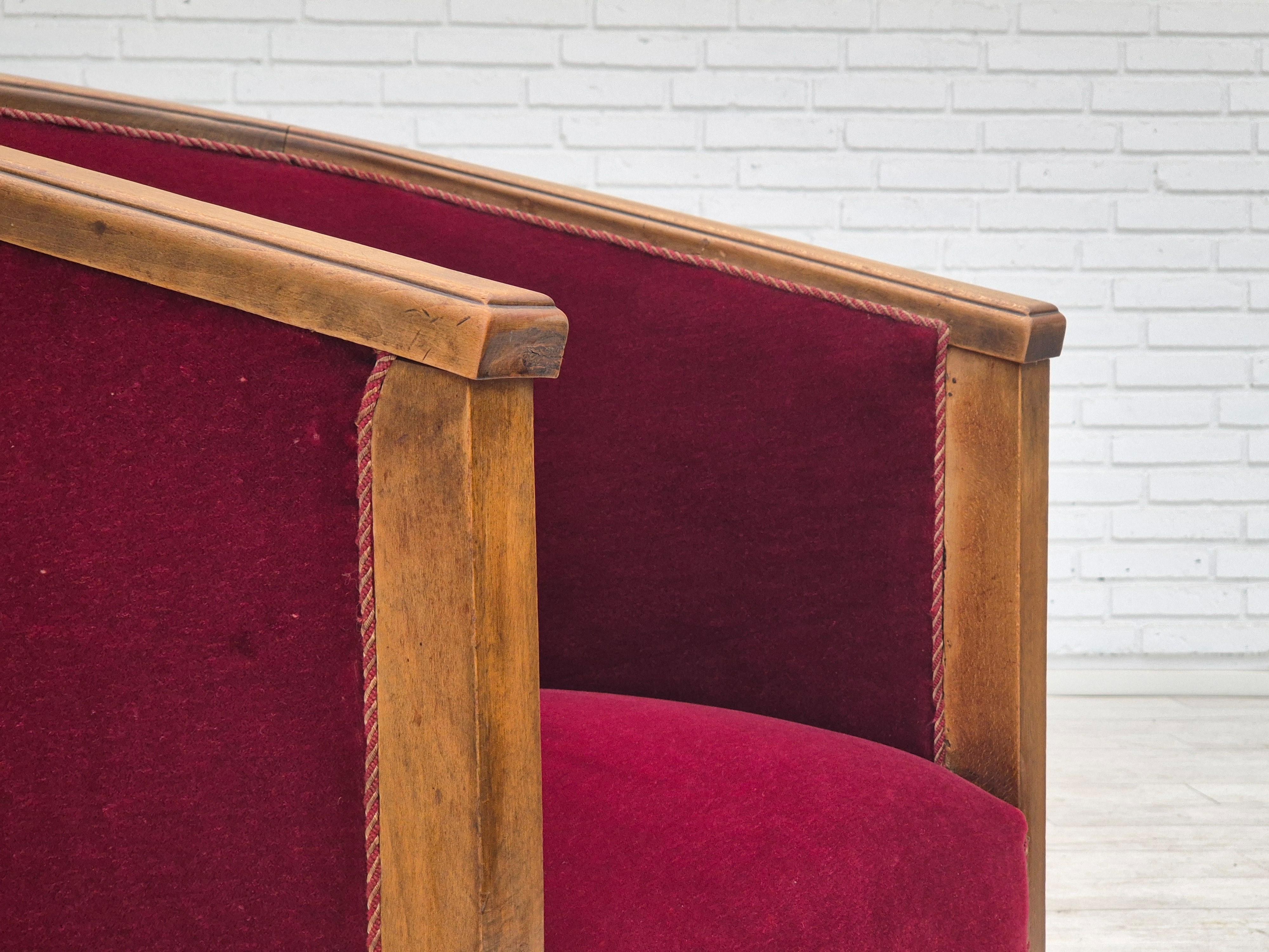 1950s, Danish armchair, original condition, furniture velour, beech wood. For Sale 7