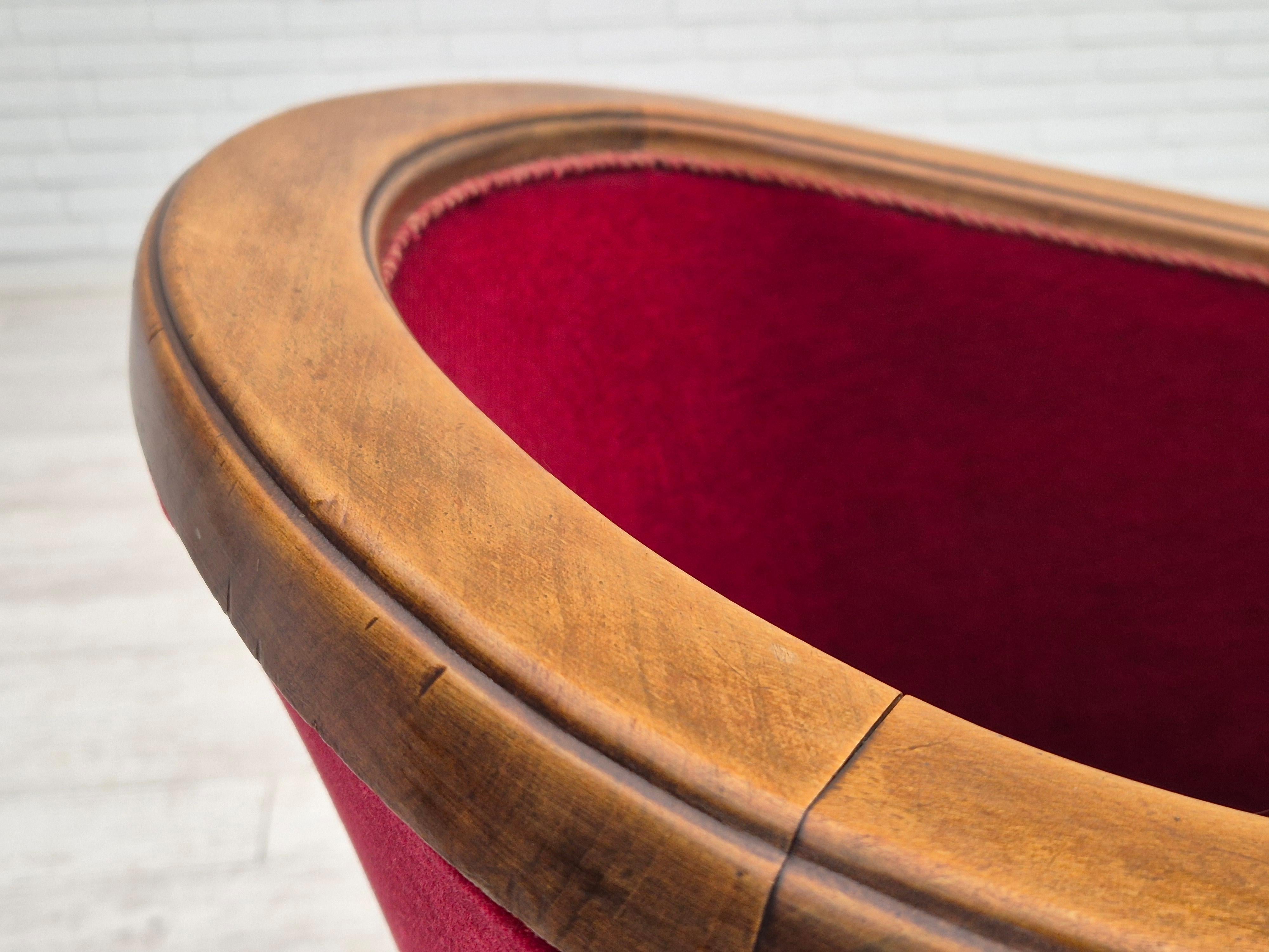 1950s, Danish armchair, original condition, furniture velour, beech wood. For Sale 10
