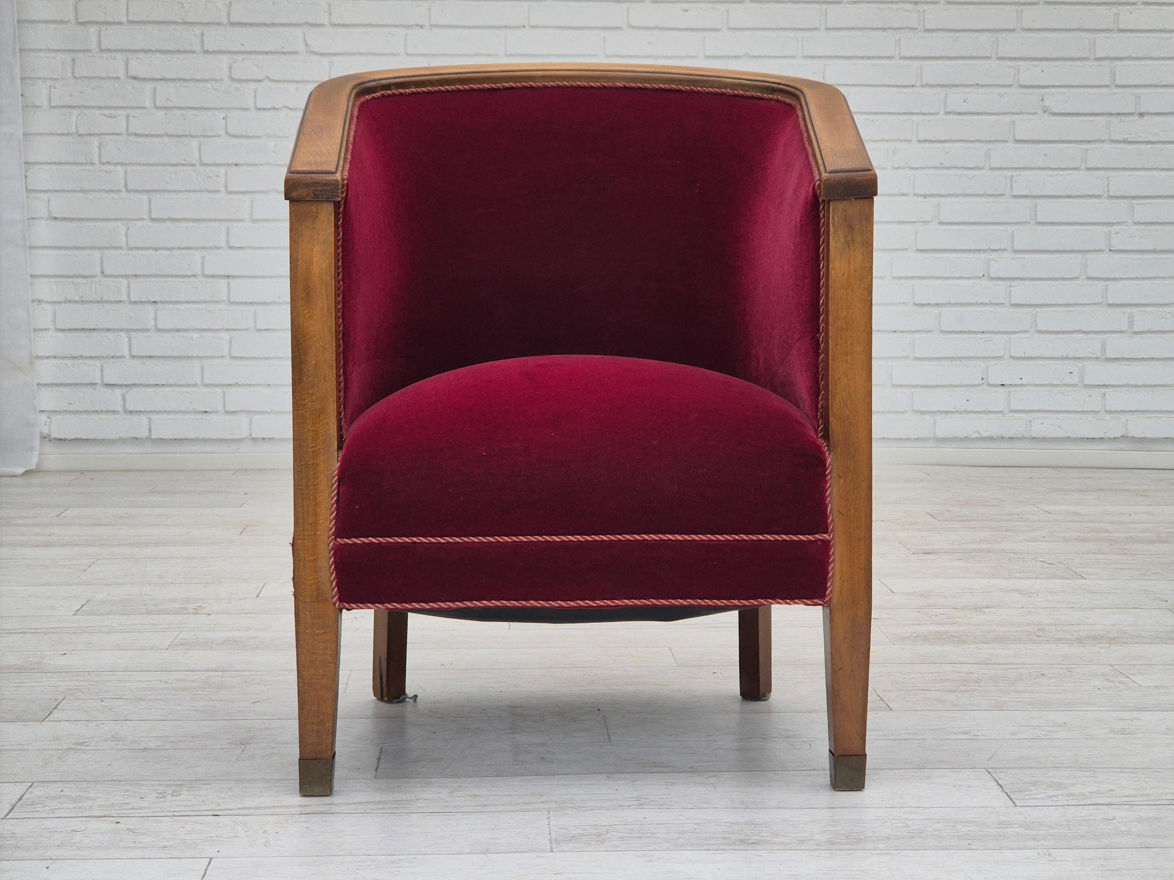 Scandinavian Modern 1950s, Danish armchair, original condition, furniture velour, beech wood. For Sale