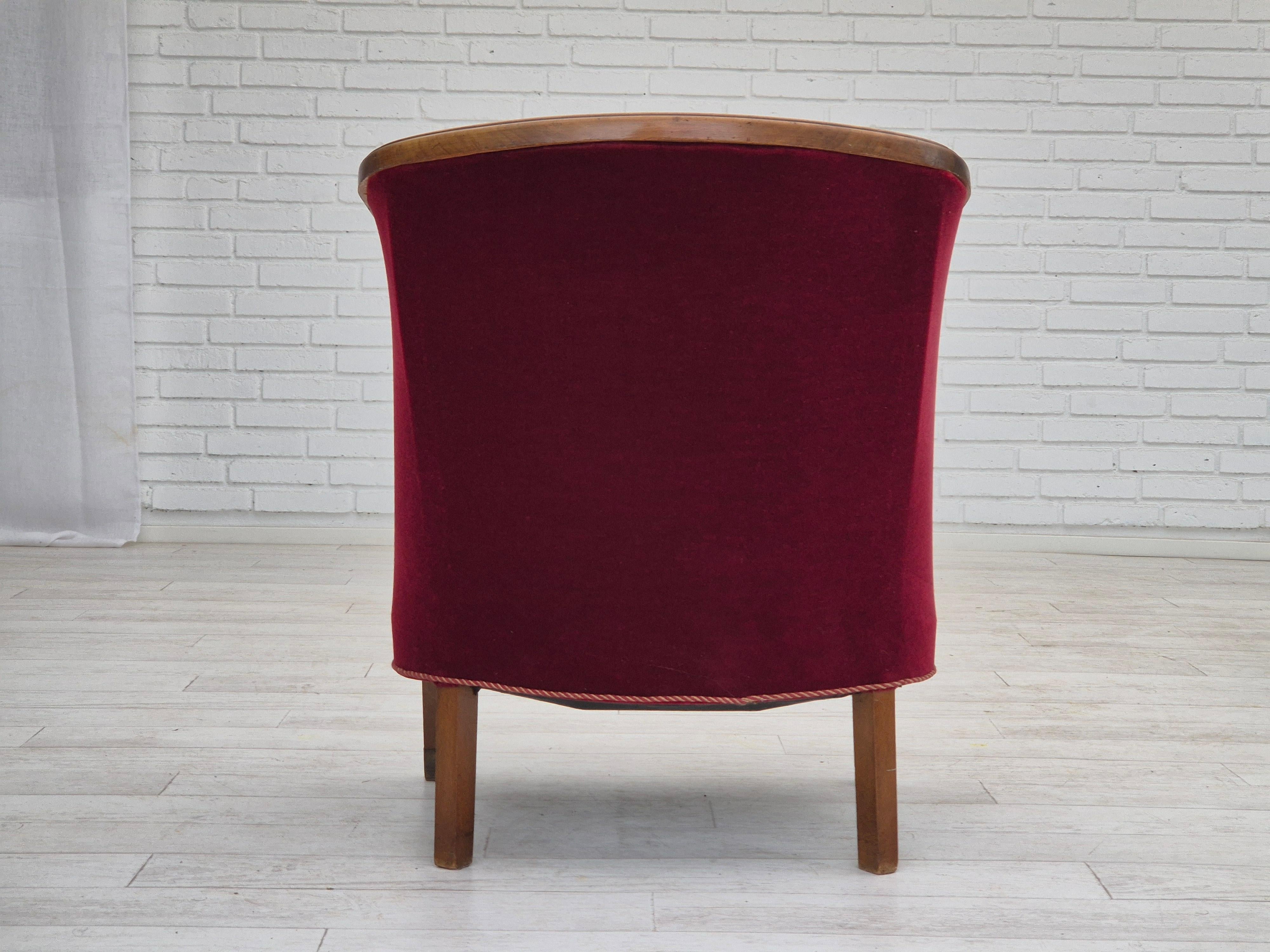 Velvet 1950s, Danish armchair, original condition, furniture velour, beech wood. For Sale