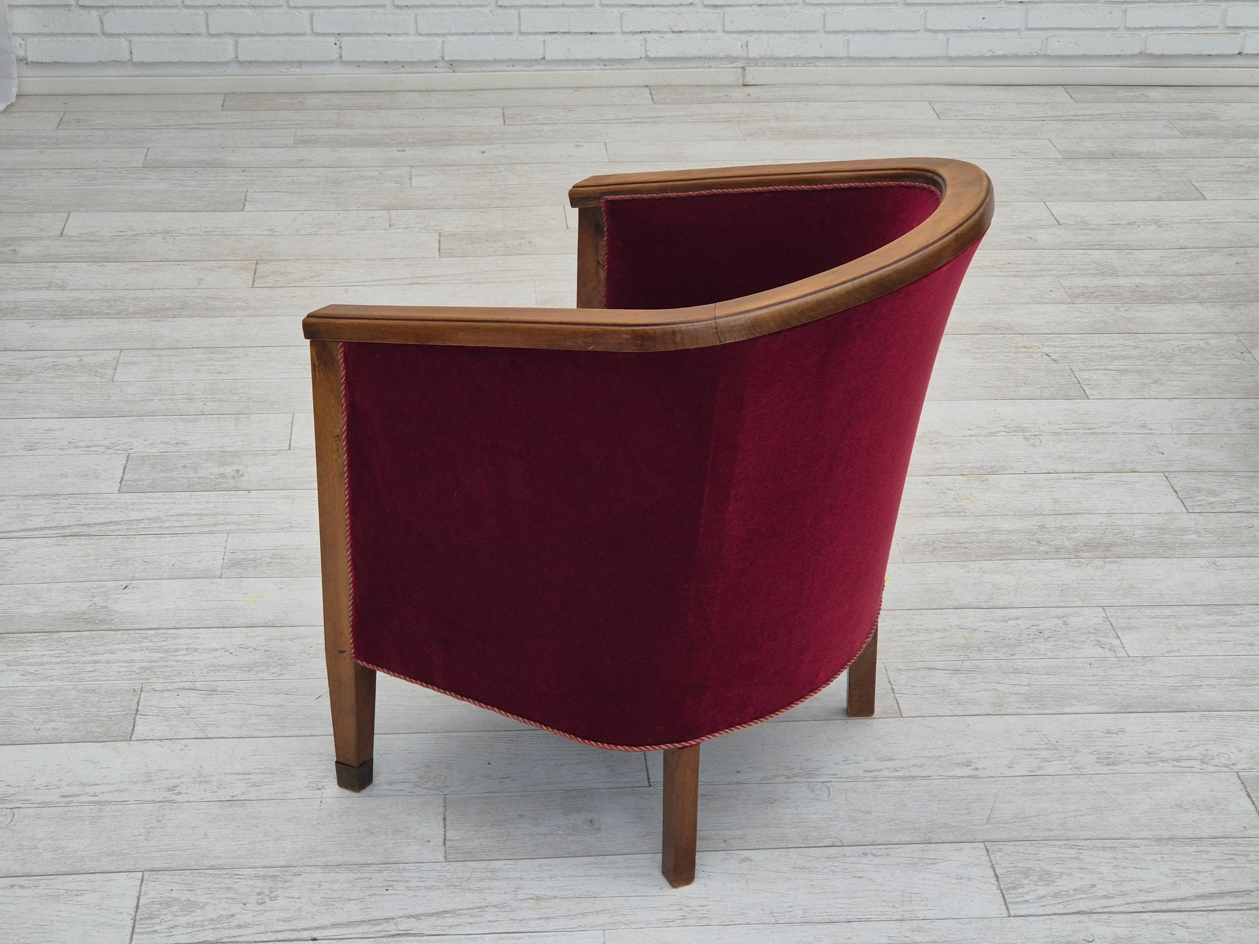 1950s, Danish armchair, original condition, furniture velour, beech wood. For Sale 1