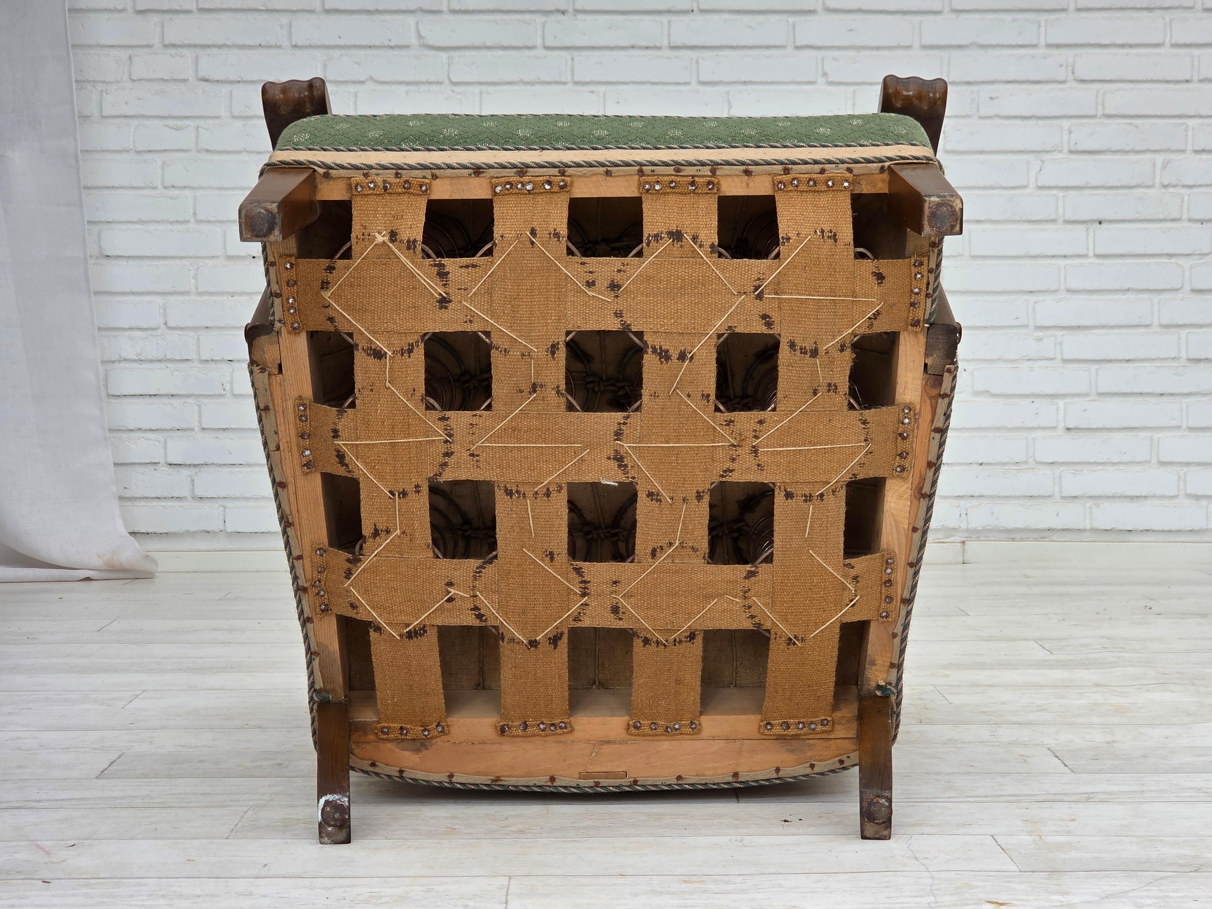 1950s, Danish armchair, original green/beige furniture wool fabric, oak wood. For Sale 11