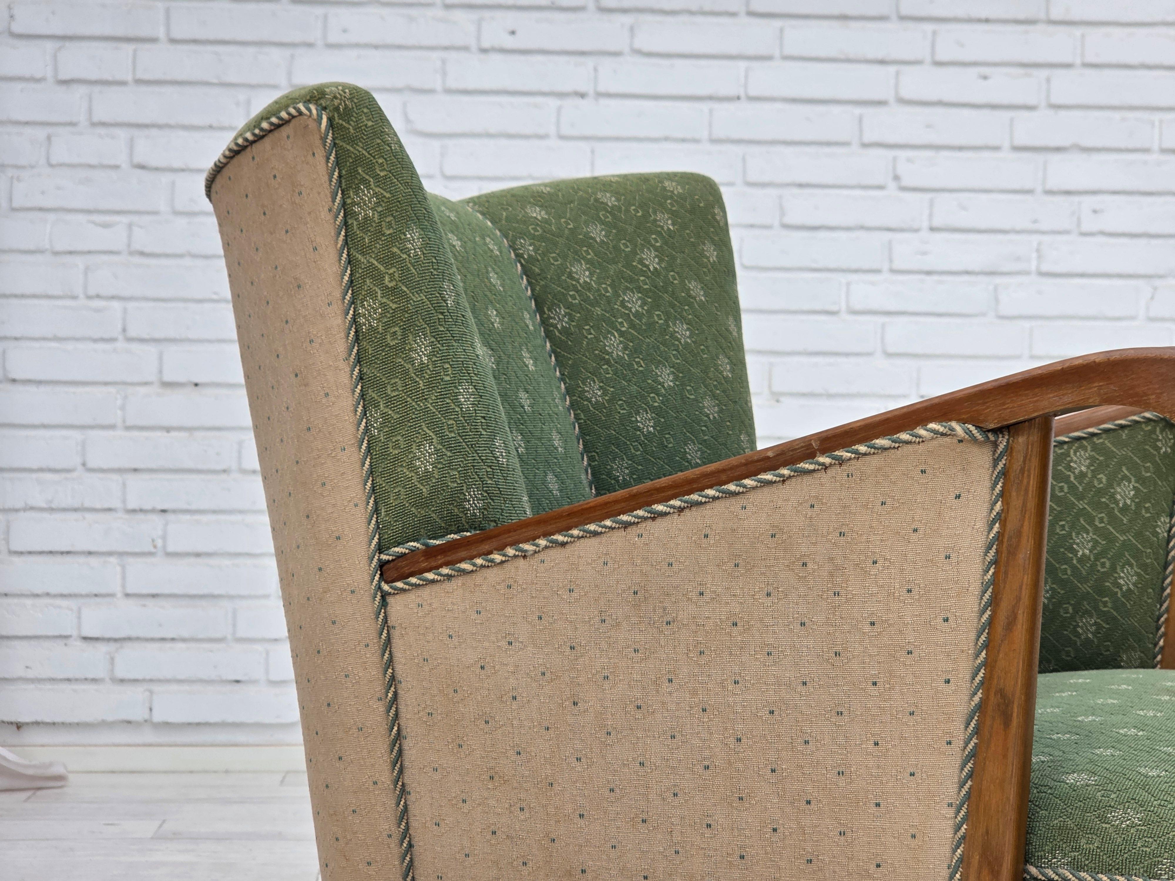 Mid-20th Century 1950s, Danish armchair, original green/beige furniture wool fabric, oak wood. For Sale