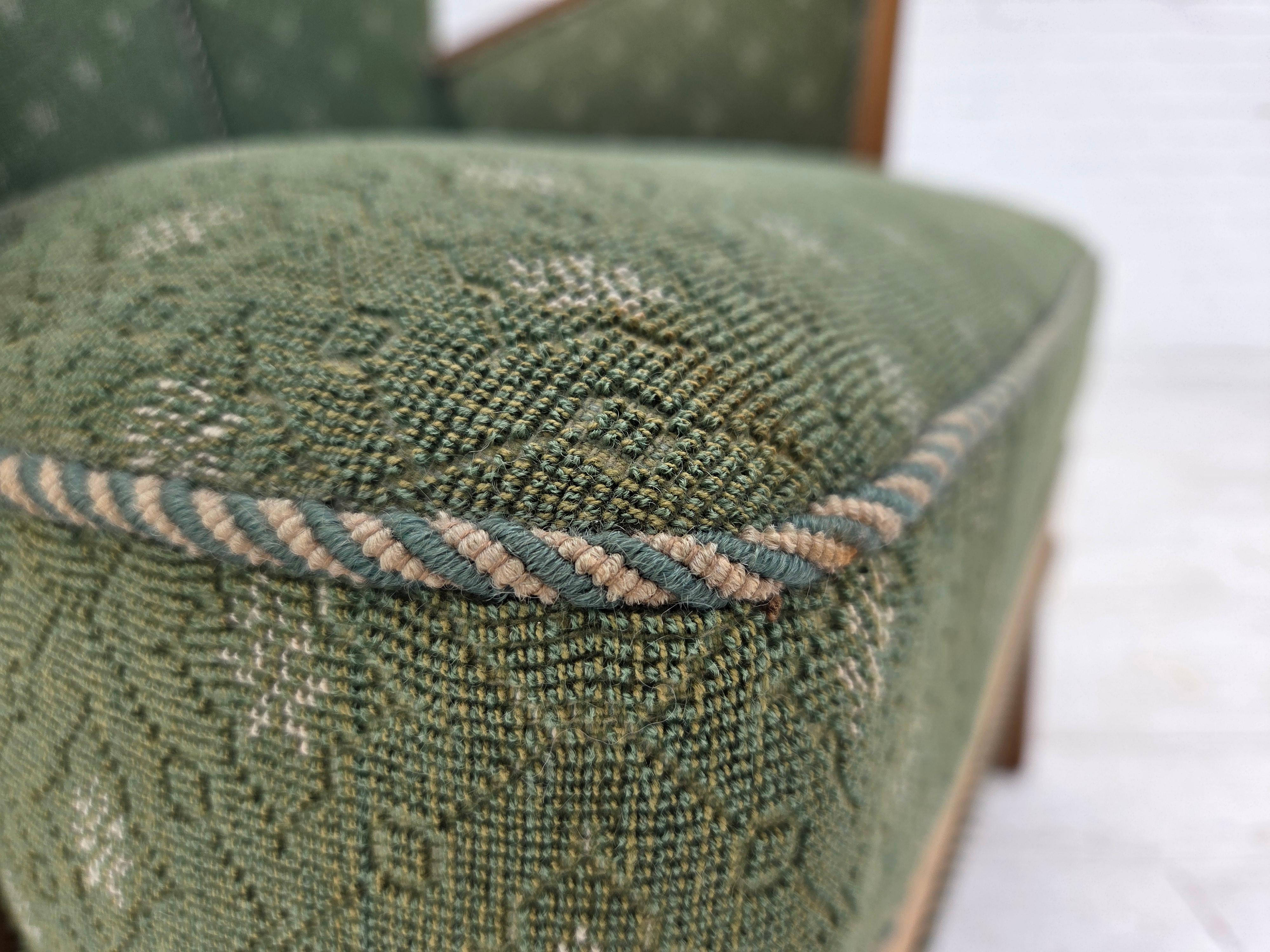 Wool 1950s, Danish armchair, original green/beige furniture wool fabric, oak wood. For Sale